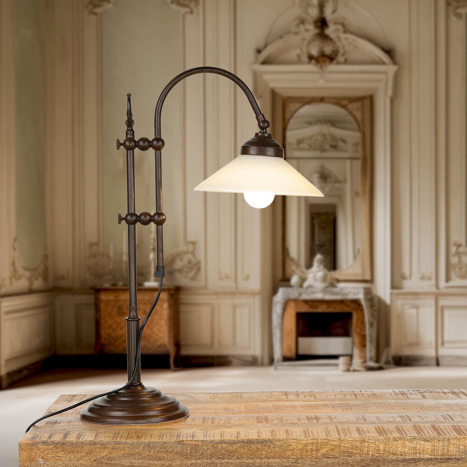 schreibtischlampe-schreibtisch-leuchte-messing-braun-glas-schirm-satiniert-premium-2 Tischlampe, Brasseneinstieg, Vintage, Standleuchte, Glühbirne