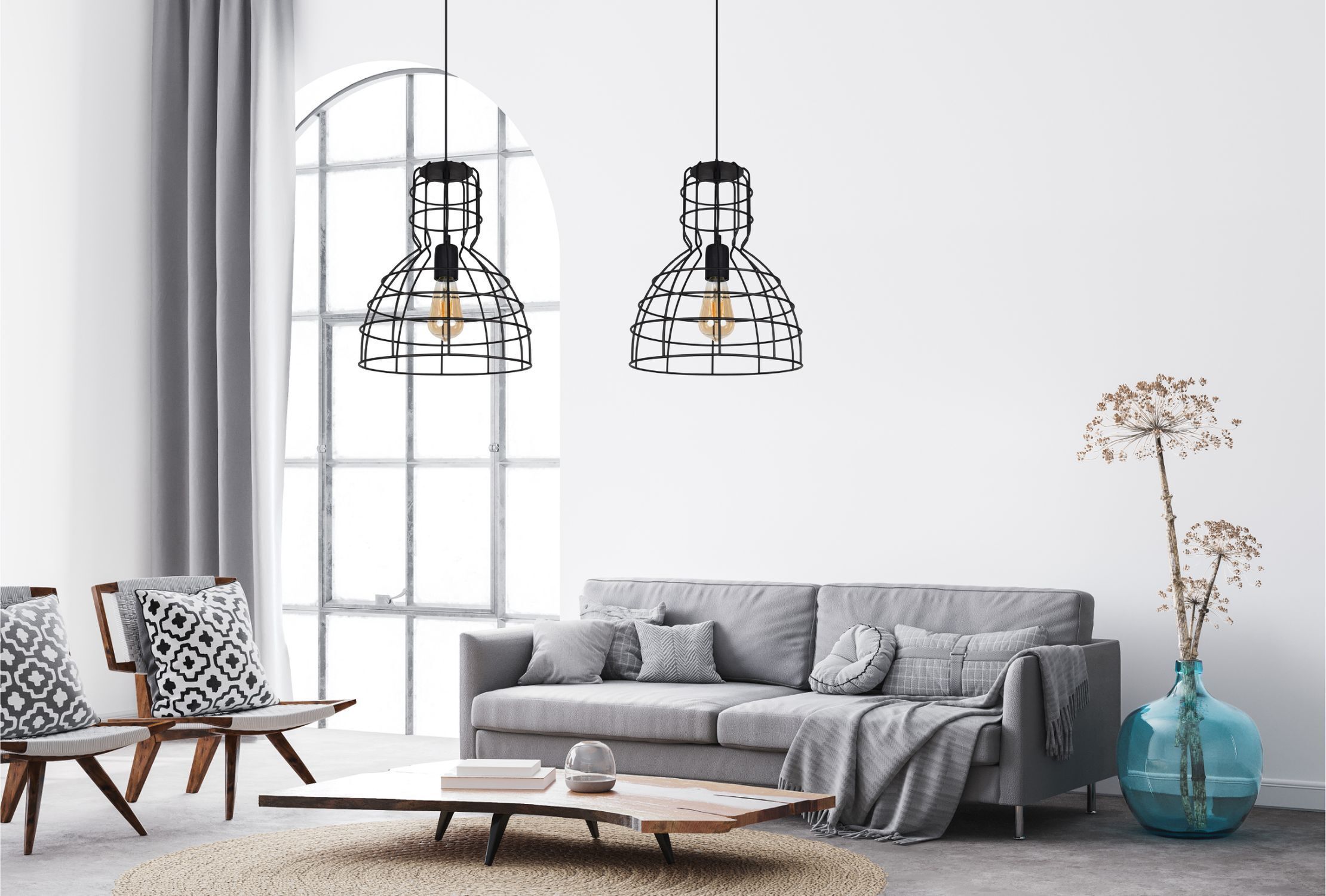 Lampe à suspendre noire fil métal 85 cm 2-flmg E27 Loft Wohnzimmer, Lampe, Dekoration für Zuhause, Tabelle, Couch