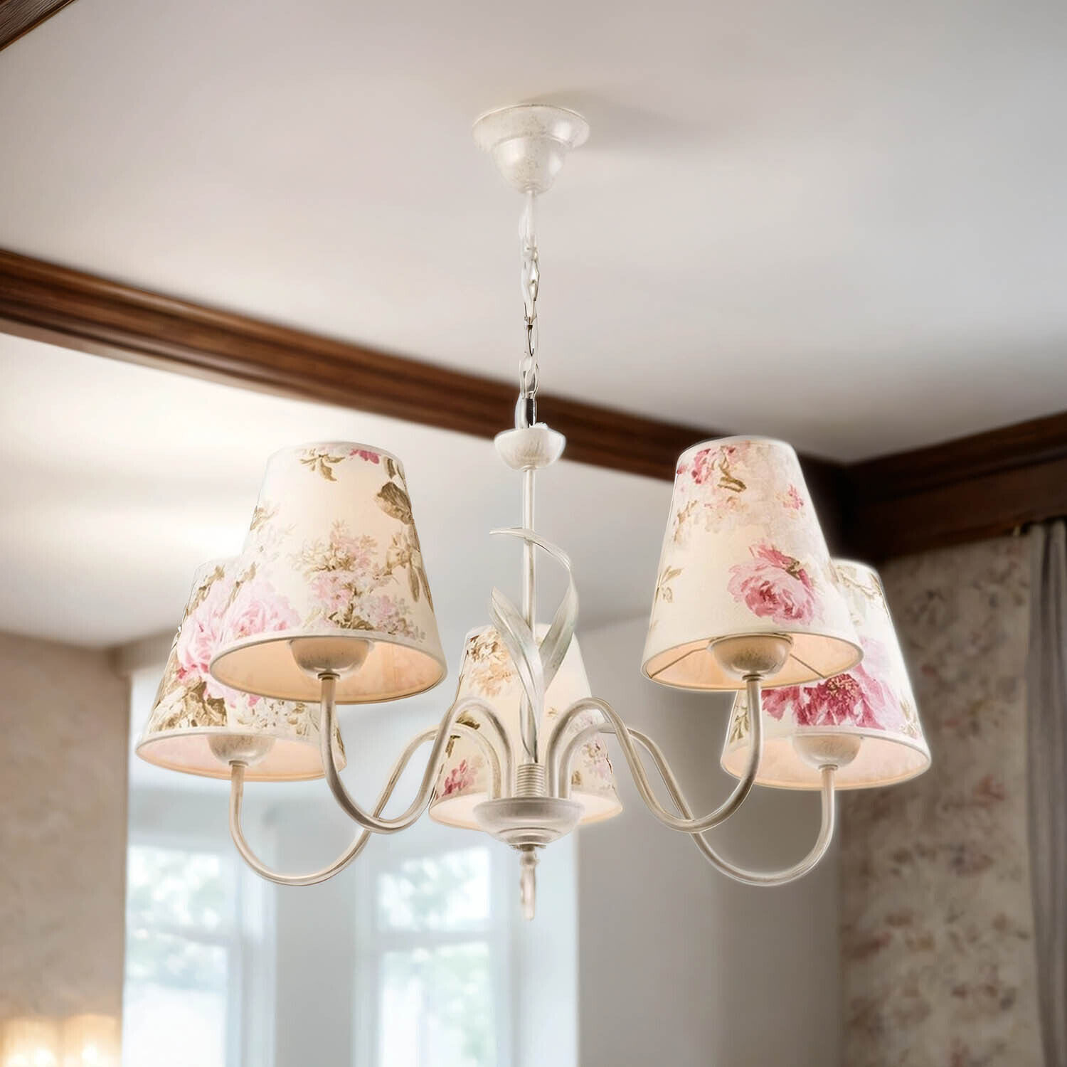 Geblümter Kronleuchter LOREN Esstisch Stoff 5-flmg Lampe, Kronleuchter