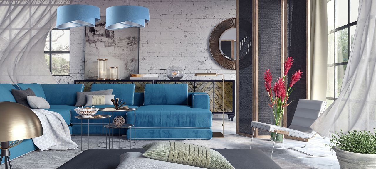Pendelleuchte Blau Silber E27 rund Ø 50 cm Velours Optik Dekoration für Zuhause, Wohnzimmer, Innenarchitektur, Couch, Lampe