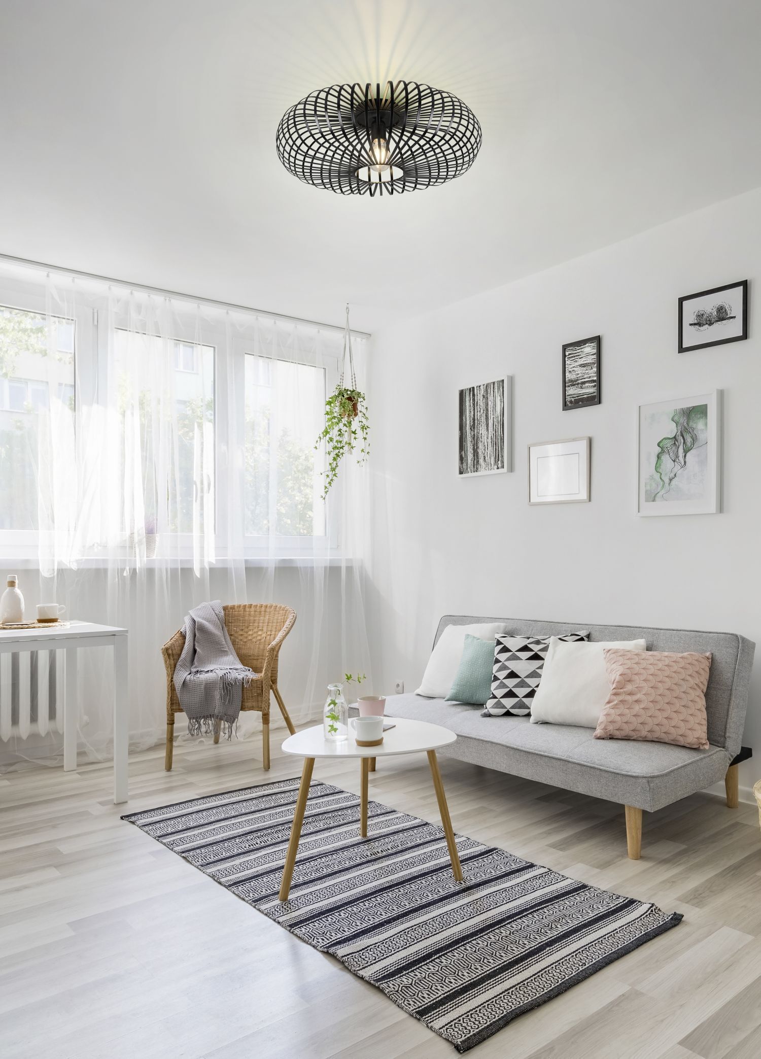 Runde Deckenleuchte Metall Schwarz E27 Ø50 cm Industrie Dekoration für Zuhause, Teppich, Kissen, Kaffeetisch, Tabelle