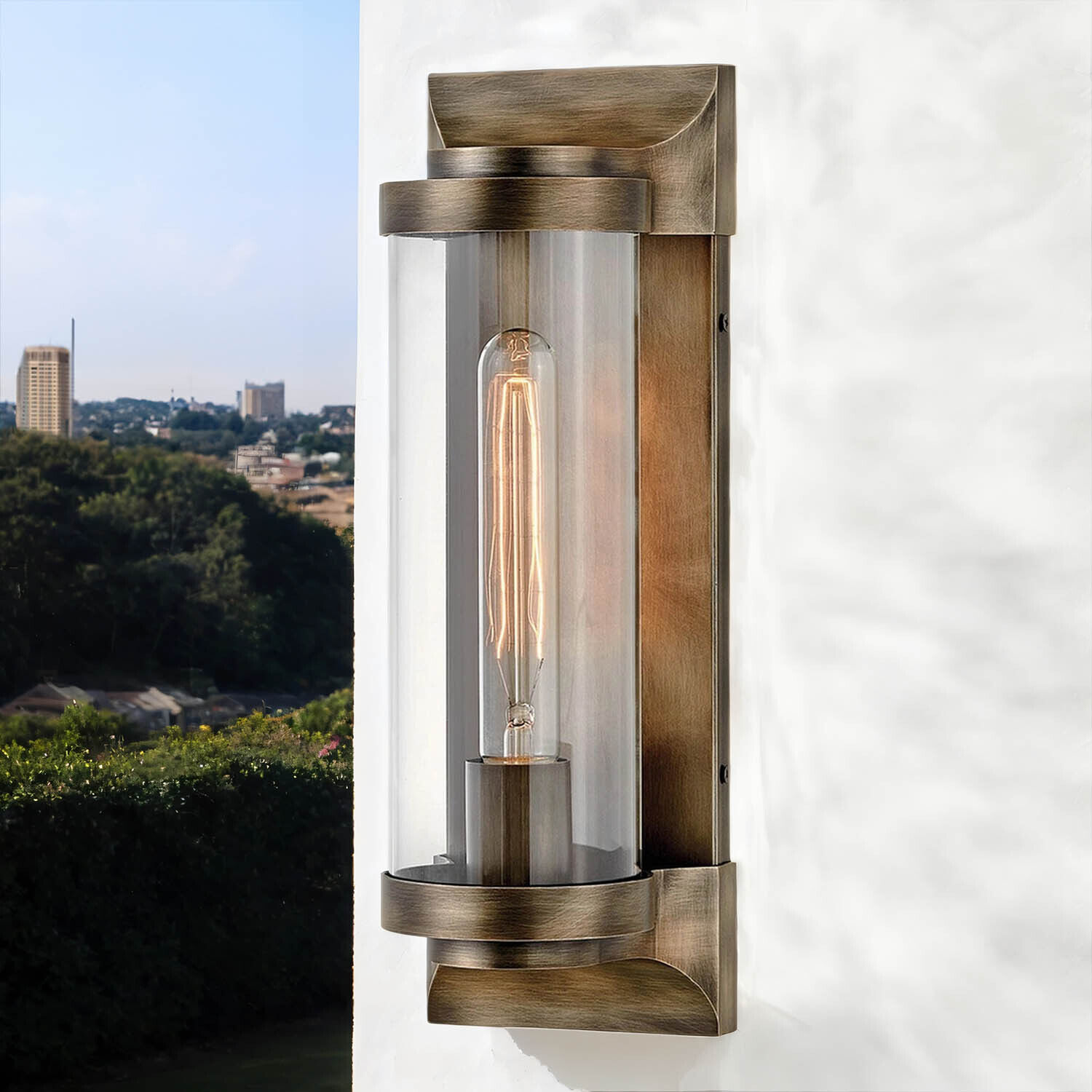 Außenwandlampe E27 IP44 35,6 cm hoch Aluminium Glas Außenwandleuchte, Wandlampe, Bronzefarbene Lampe, Glimmerlampe, Glühbirne sichtbar