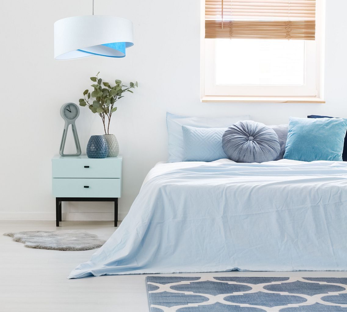 Pendelleuchte rund Ø 50 cm E27 Weiß Blau Stoff Velours Optik Dekoration für Zuhause, Kissen, Mobiliar, Kopfkissen, Lampe