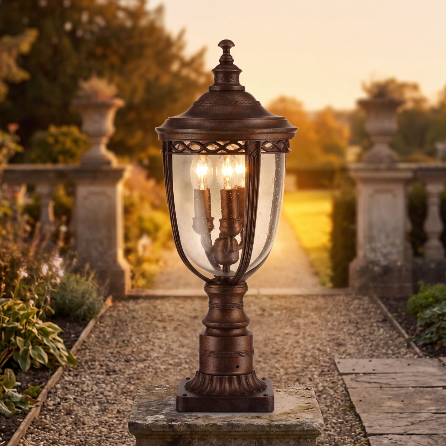 Laternenleuchte, Gartenlampe, Bronzefarben, Wandelkerzen, Glas-Lampenschirm