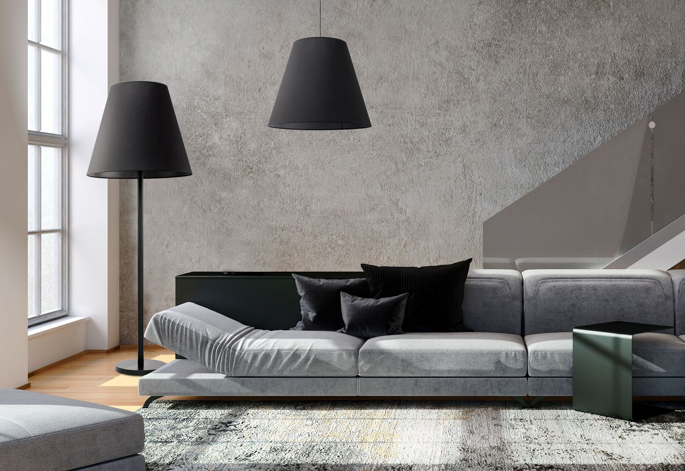 Standleuchte in Schwarz 3-flmg sofa, sectional, grau, lounge, industriell-studio