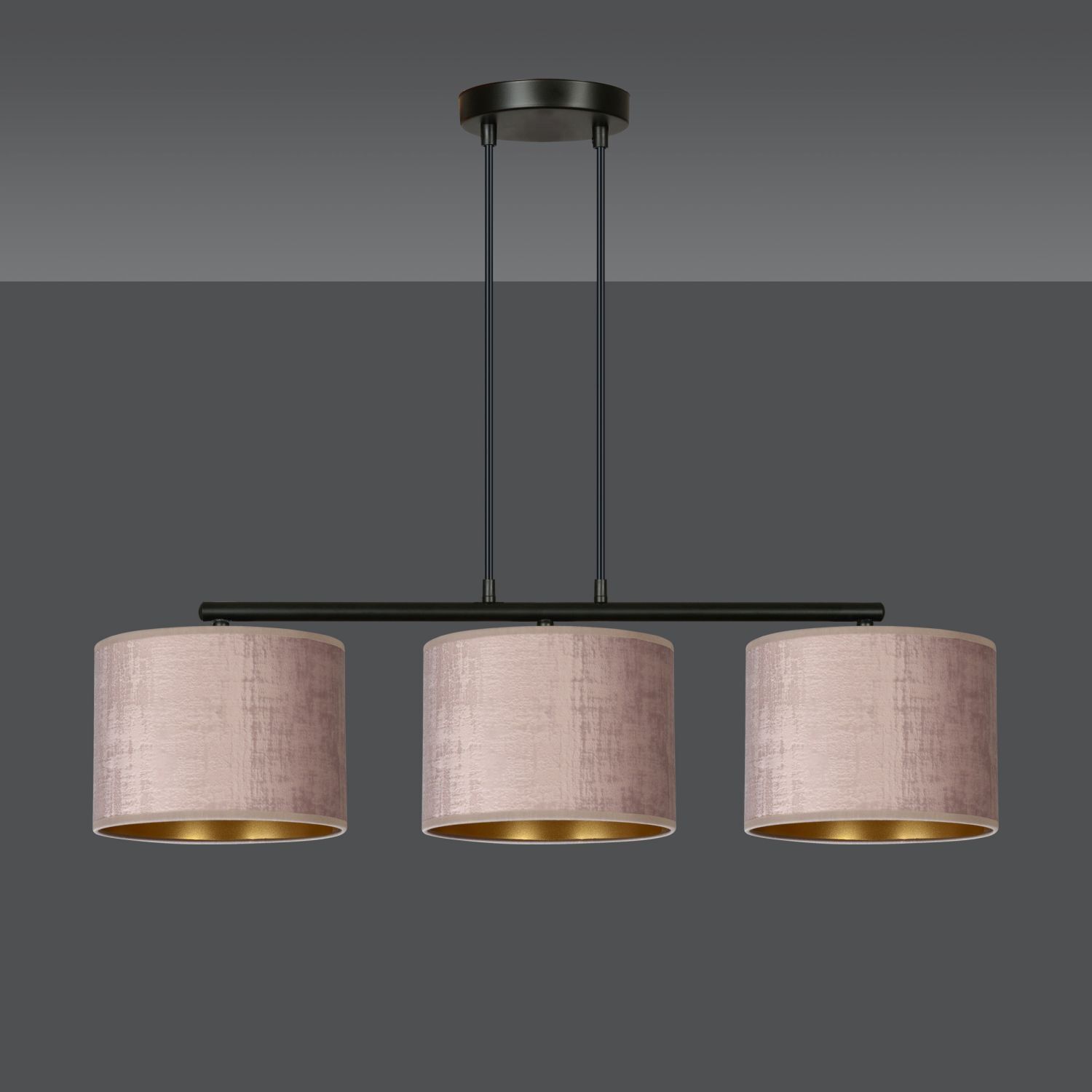 Lampe à suspendre métal tissu L : 72 cm noir rose or 3 flammes