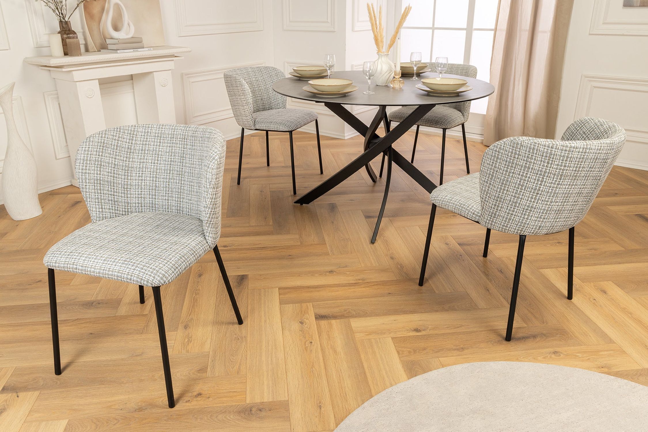 Chaise de salle à manger Blanc Bleu à carreaux Bouclé Métal sans accoudoirs Chaise de salle à manger Blanc Bleu à carreaux Bouclé Métal sans accoudoirs