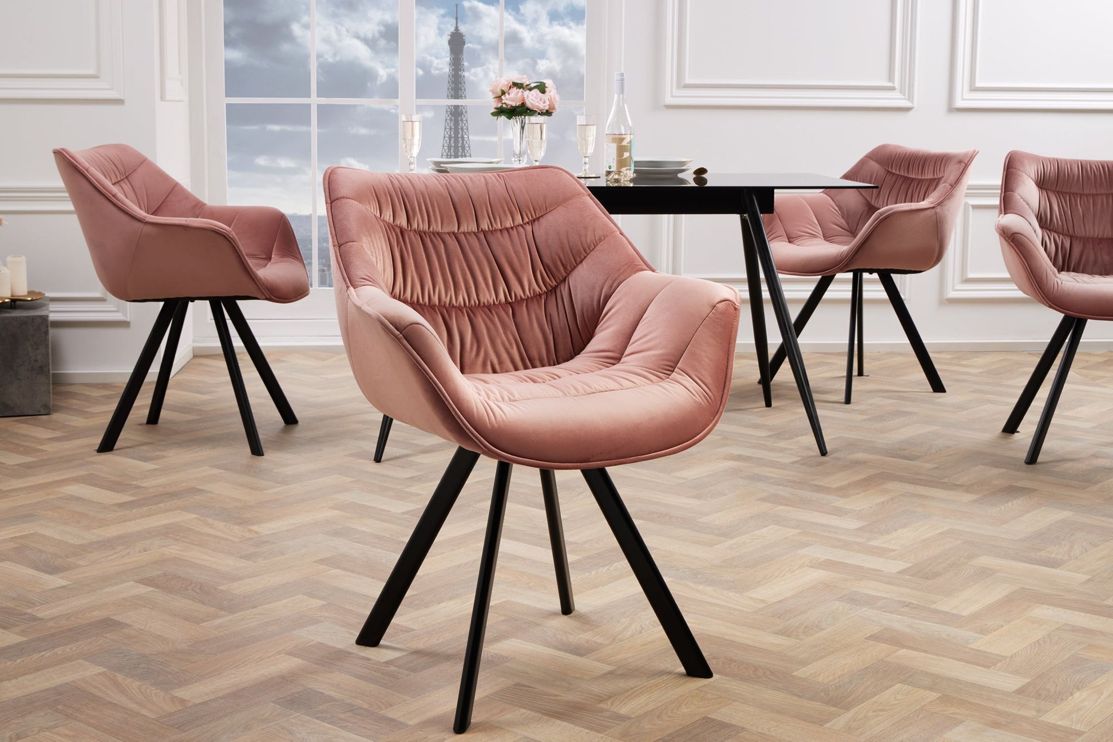 Chaise de salle à manger velours métal rose noir avec accoudoirs Moebel, Fußboden, Drinnen, Innenarchitektur, Stuhl