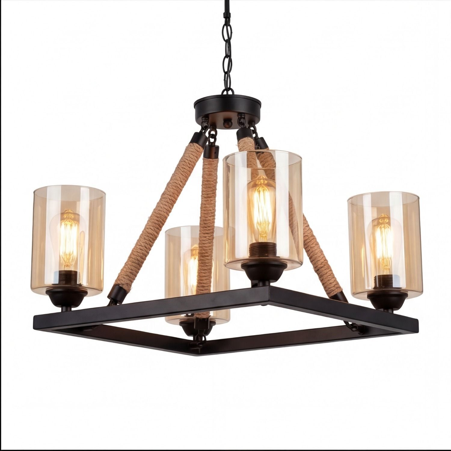 Kronleuchter Metall Rauchglas E27 B: 40 cm 4-flammig Hängeleuchte, Vier Flammen, Korbseil, Glaszylinder, Industrie-Design
