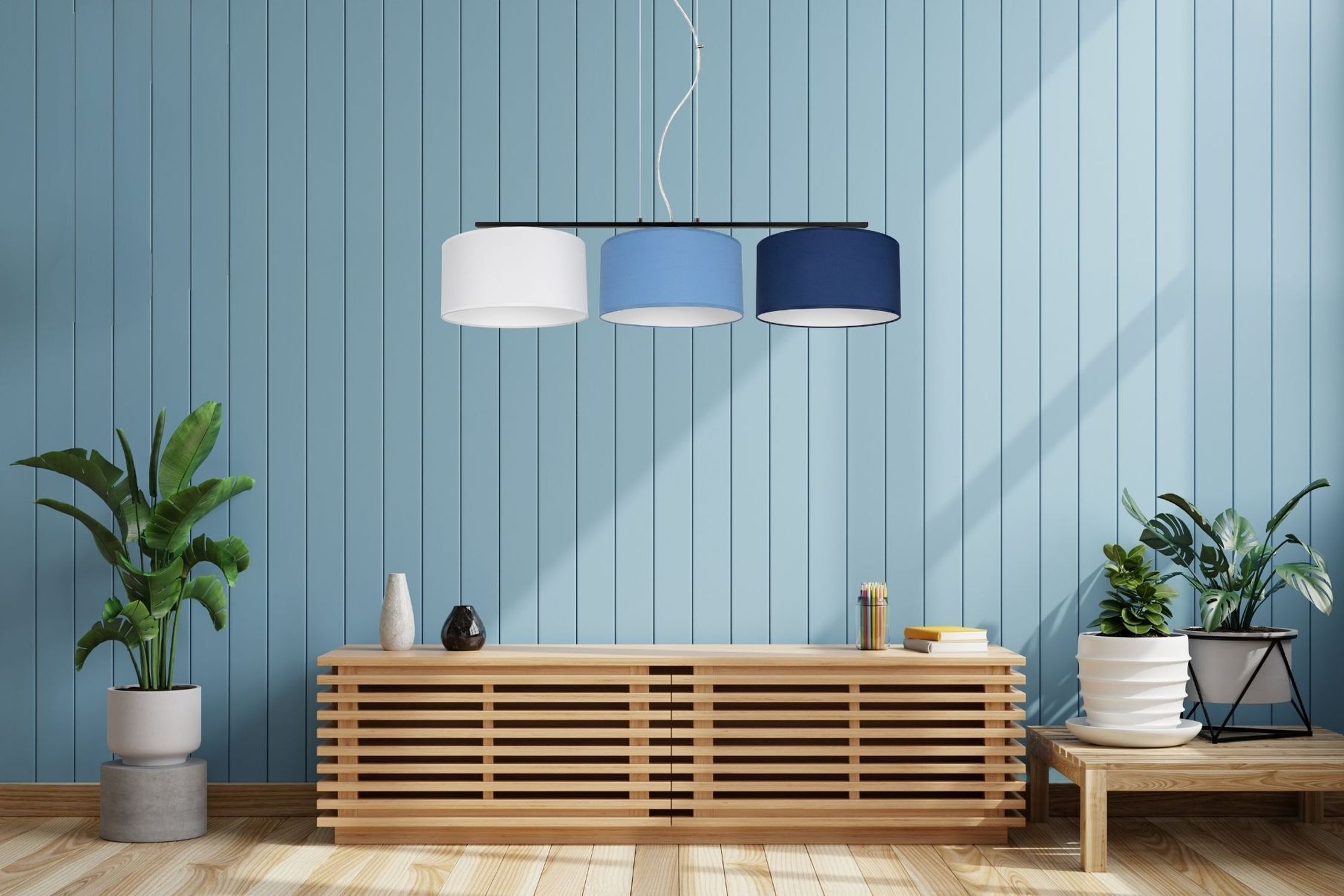 Wohnliche Pendelleuchte Stoff Weiß Blau E27 100 cm lang Innenarchitektur, Pflanze, Pflanze im Topf, Pflanzgefäß, Lampe