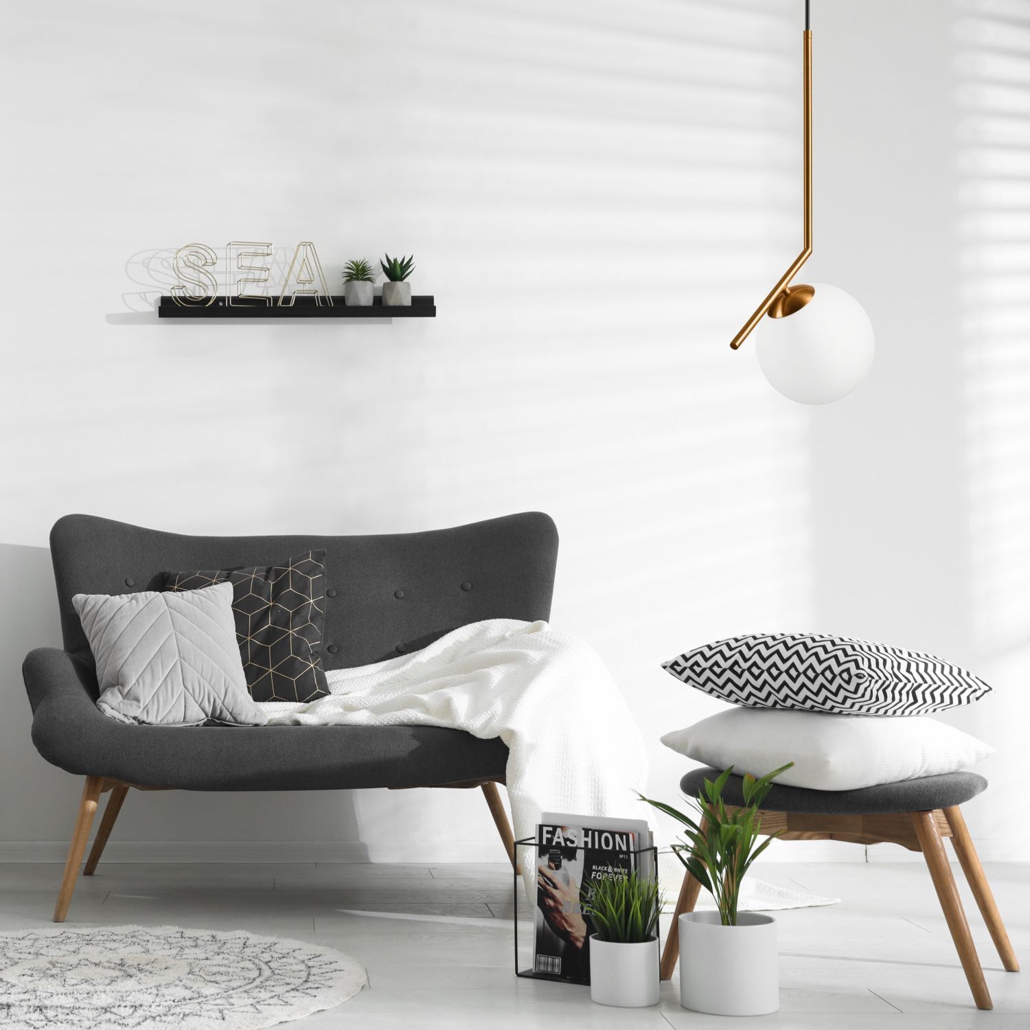 Suspension boule de verre métal en laiton blanc Ø30 cm Kissen, Dekoration für Zuhause, Pflanze, Innenarchitektur, Mobiliar