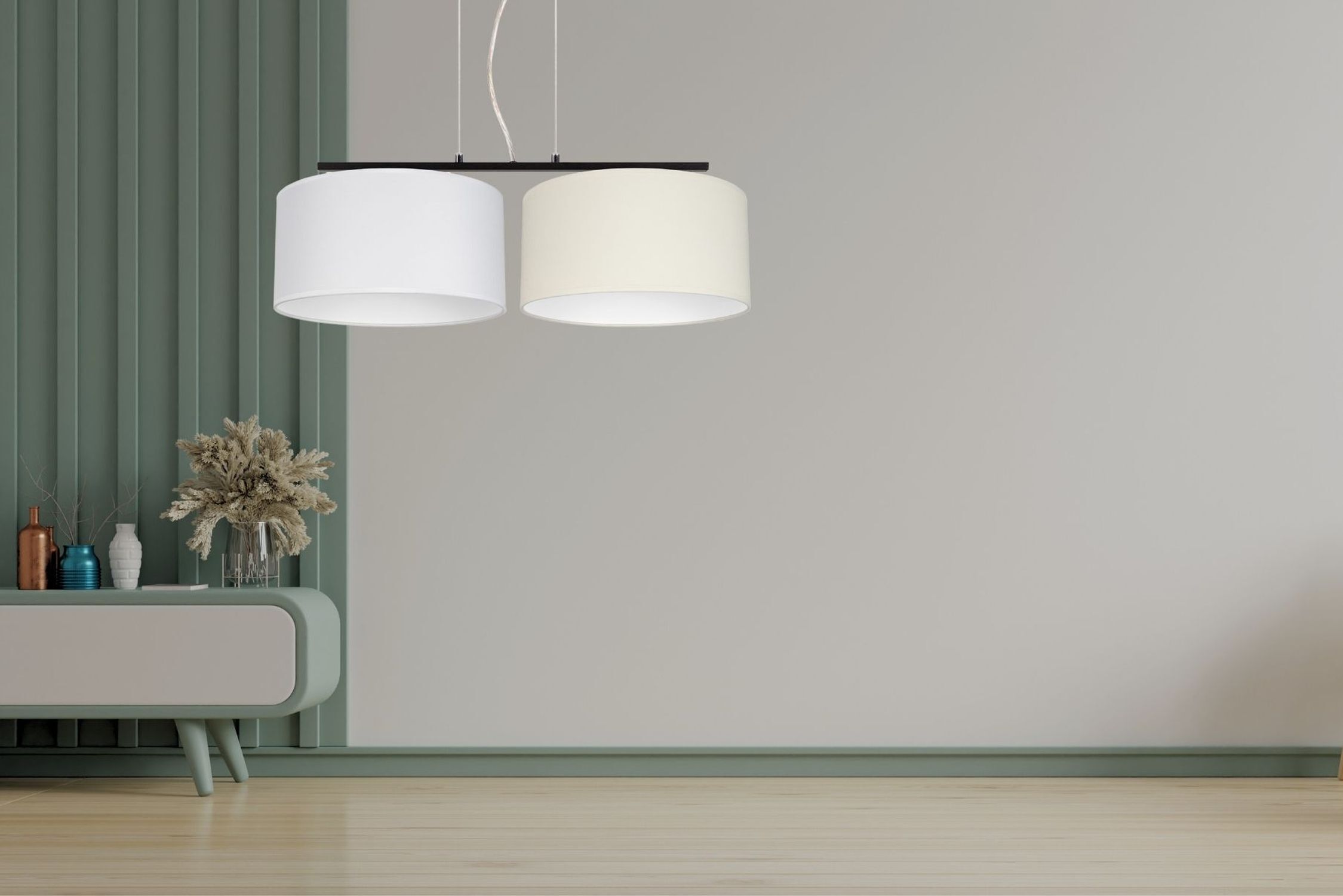 Stoff Pendelleuchte blendarm Weiß Ecru E27 70 cm lang Pendelleuchte, Doppel-Schirm, weiß-beige, Diffusor ohne Glas, Wohnzimmer-Deko