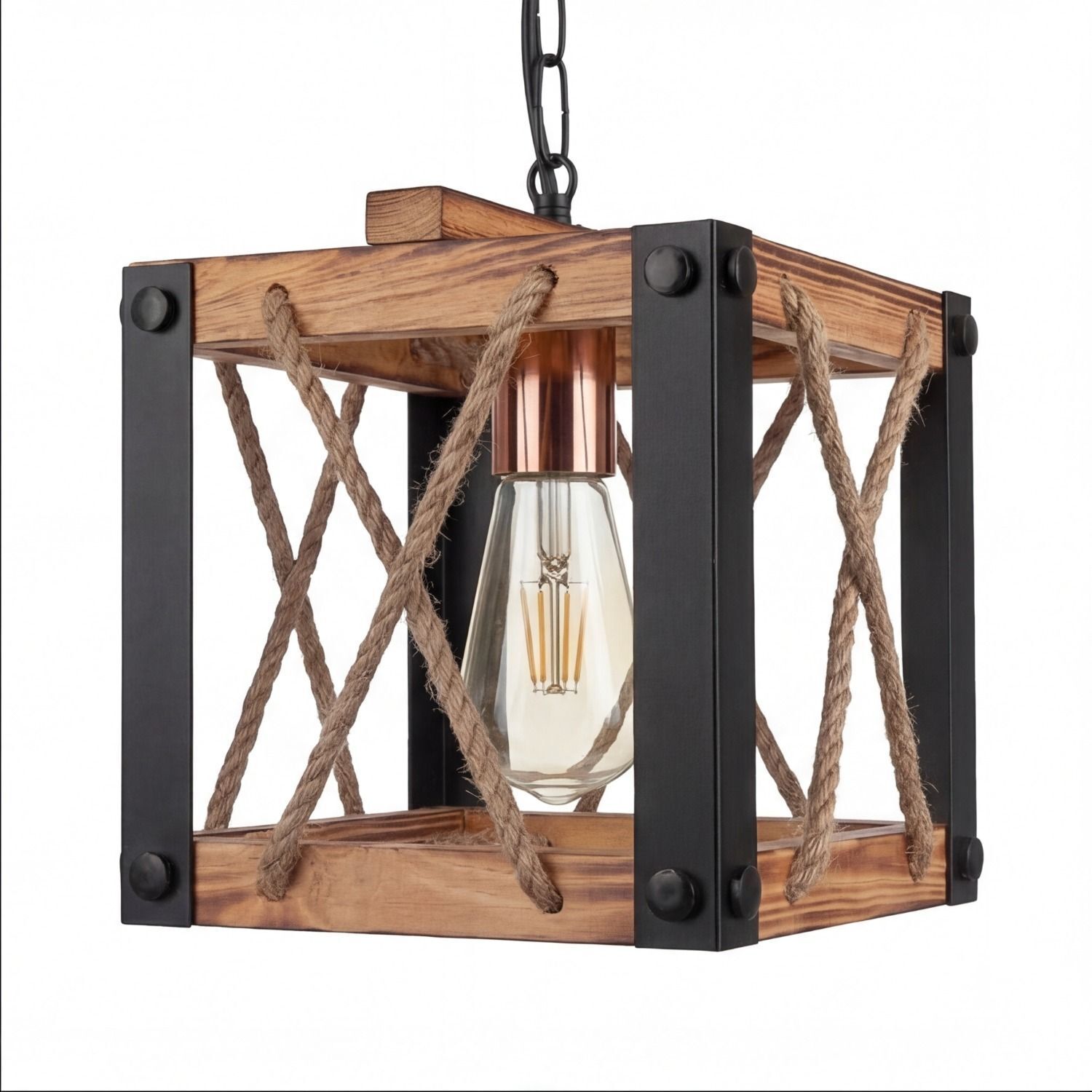 Hängeleuchte Metall Holz E27 20 cm breit H: max. 85 cm Hängeleuchte, Holzrahmen, Seilakzente, industriell, Glühbirne sichtbar