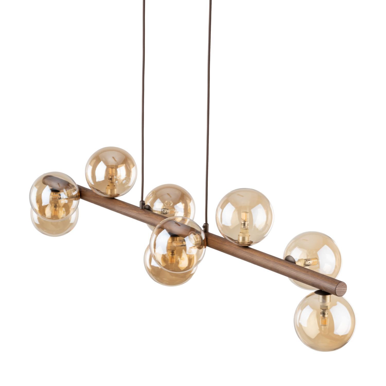 Pendelleuchte Holz zeitlos 117 cm Braun G9 Glas modern Chandelier, Pendant, Holzstange, Globusglühbirnen, Wohnraumbeleuchtung