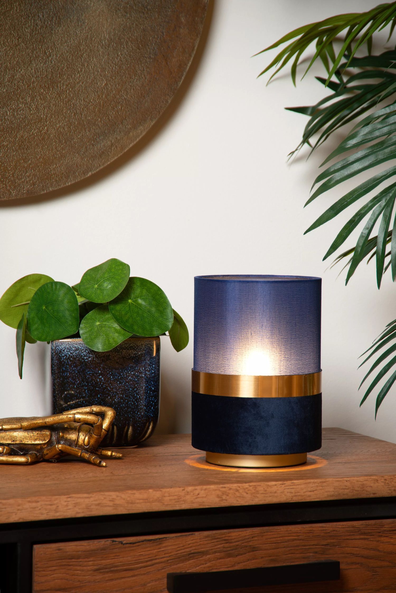 Stilvolle Tischlampe Stoff Blau Gold E14 22 cm Vintage Lampe, Pflanze