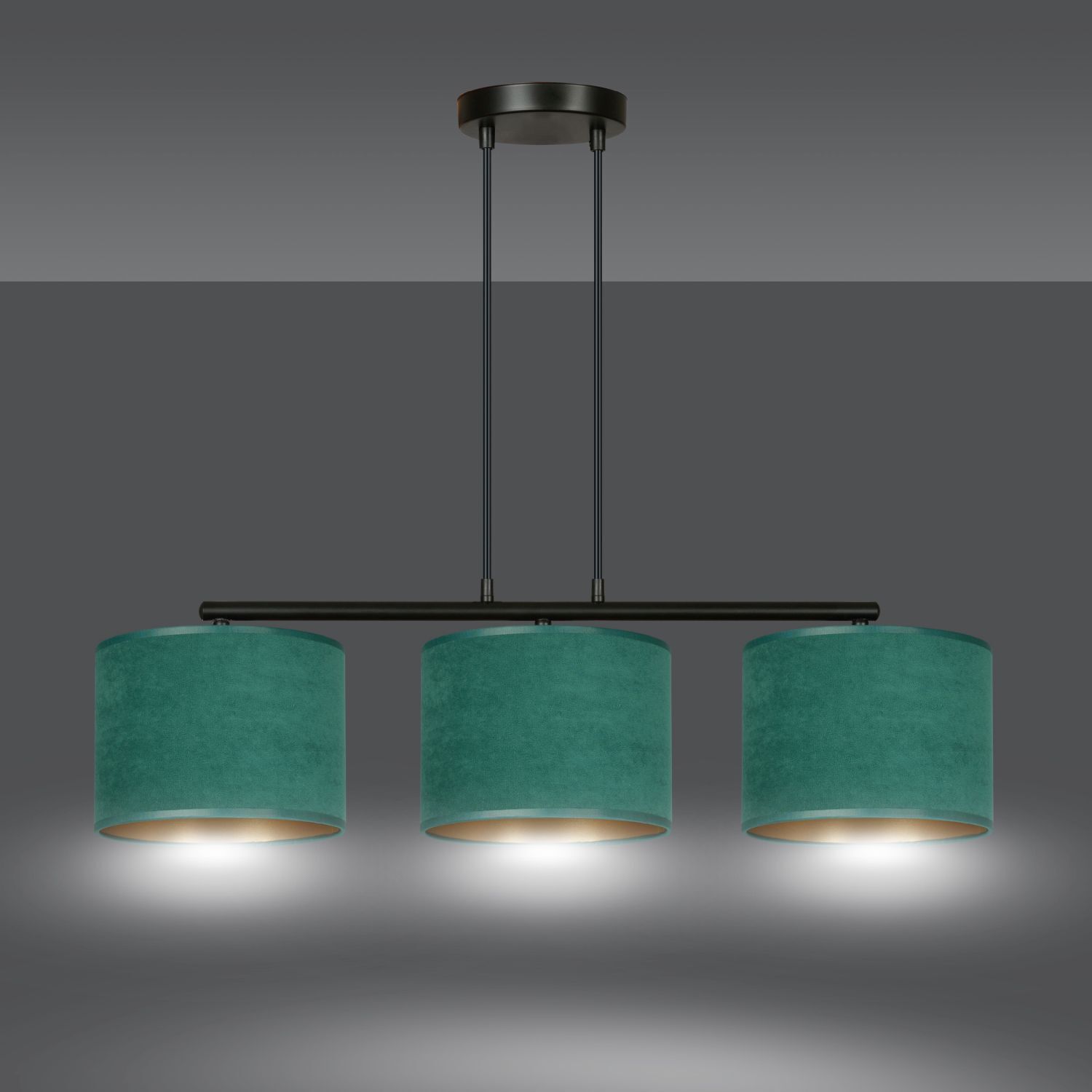Lampe à suspendre tissu métal L : 72 cm noir vert or 3x E27