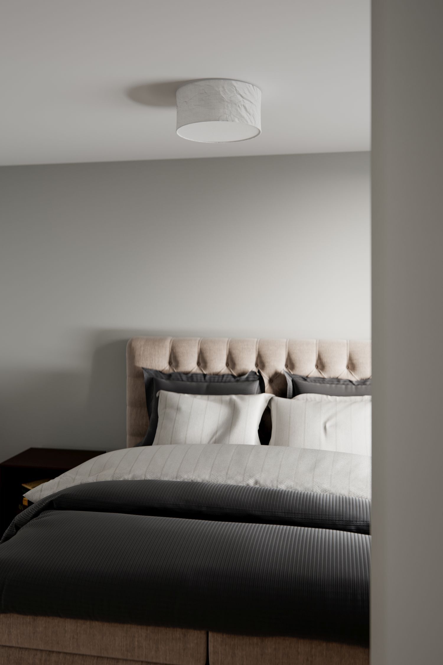 Bett, Bettkopfteil, Bettwäsche, Bettdecke, Nachttisch