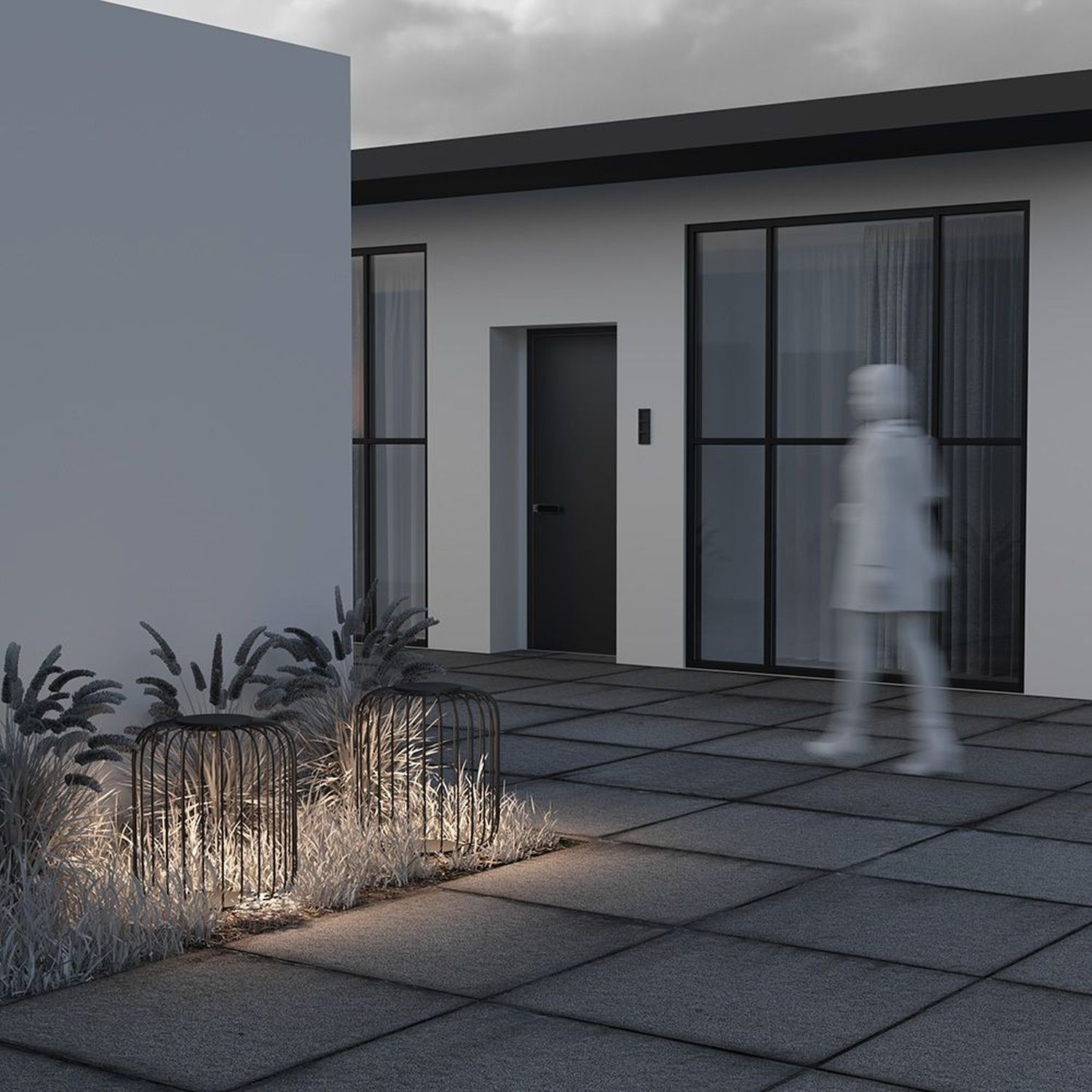 modernes Haus, Hof, Pflastersteine, Gartenbeleuchtung, verwischte Figur