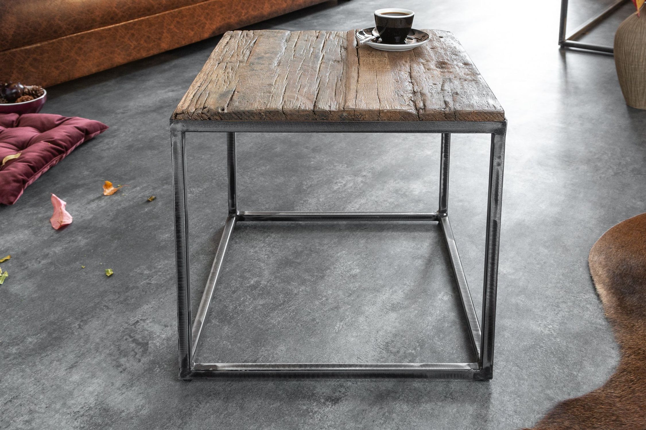 Table d'appoint Bois recyclé Métal 40x40 cm Artisanat