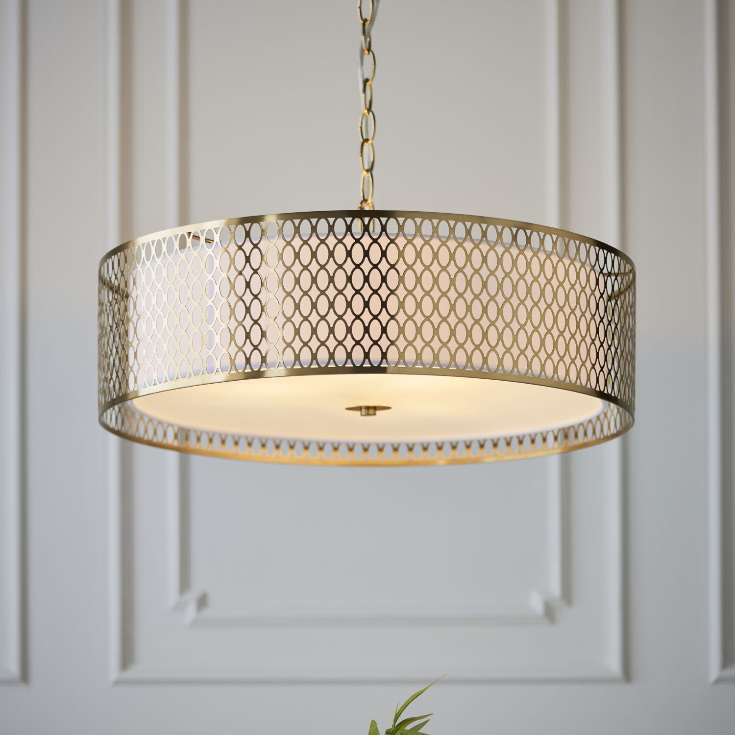 Lampe à suspendre métal verre tissu Ø 56 cm rond or blanc 3x E27