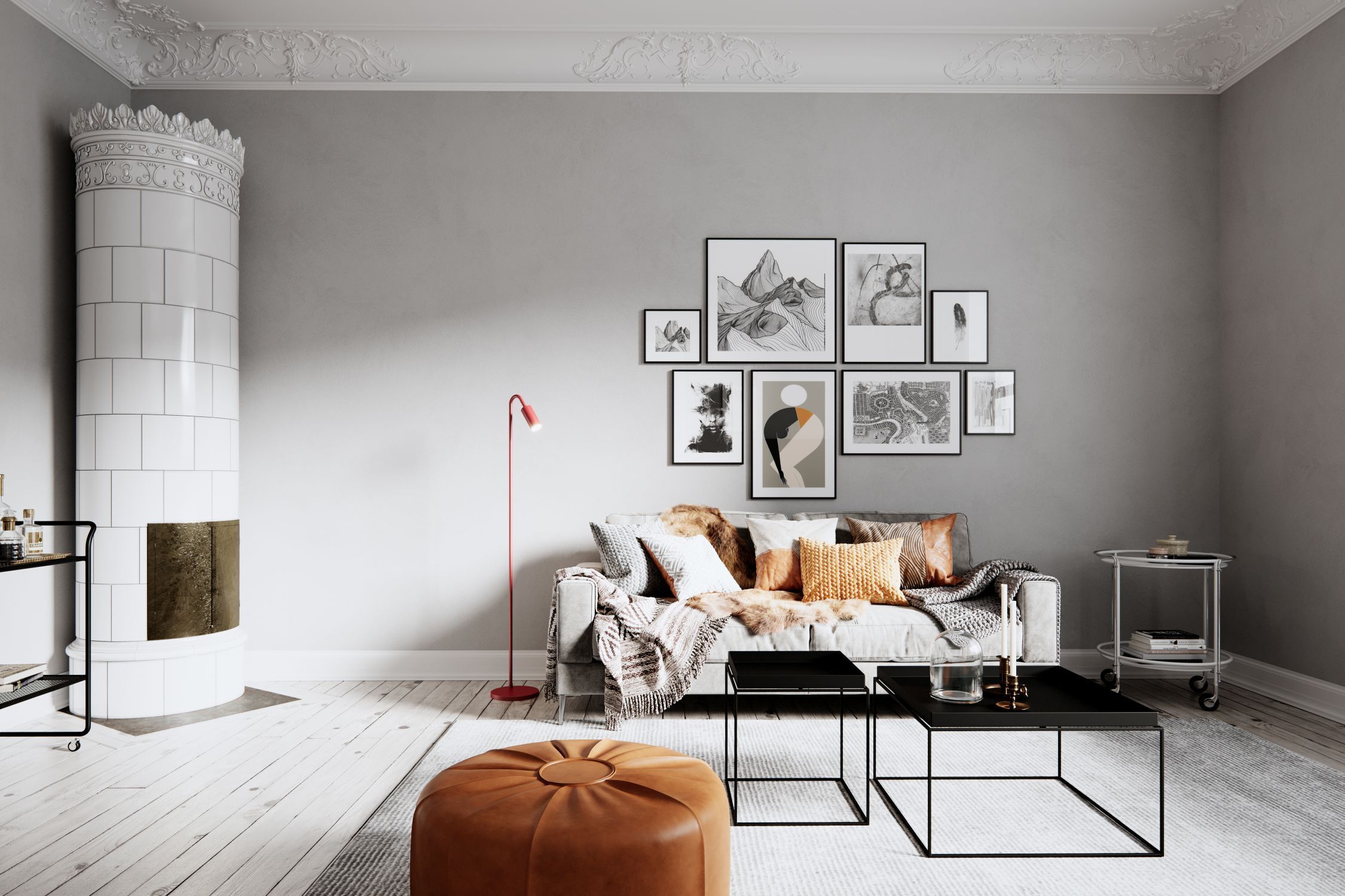 sofa, wohnzimmer, galerie wand, couchtisch, stehleuchte