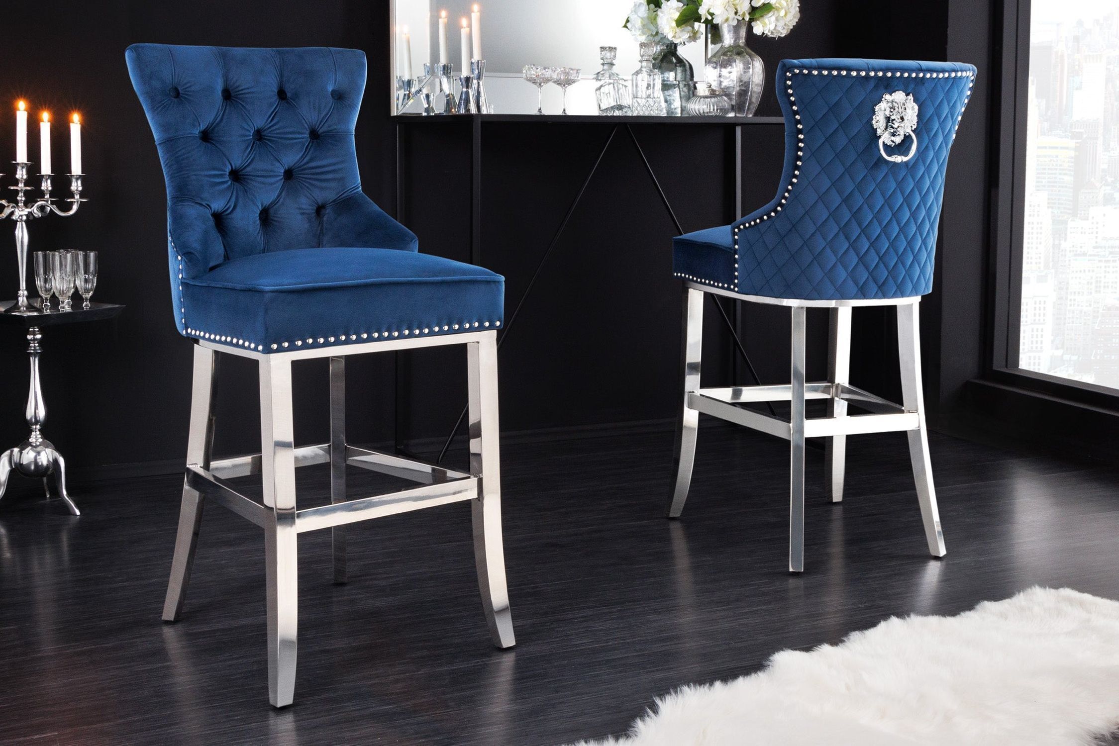 Tabouret de bar velours acier inoxydable bleu argent Chesterfield Moebel, Stuhl, Drinnen, Innenarchitektur