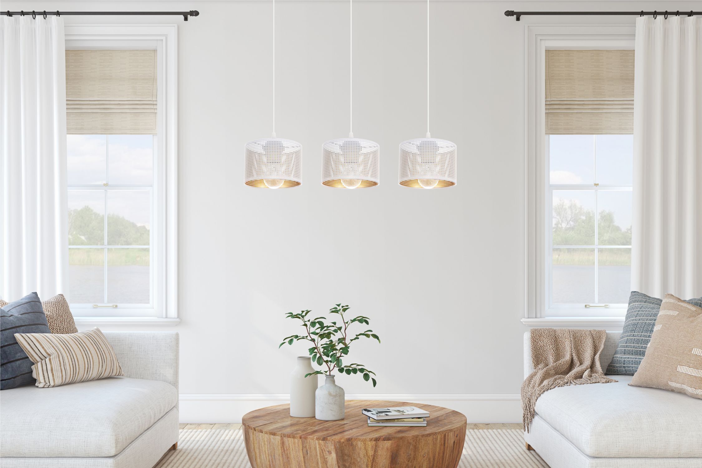Suspension métal blanc or E27 3-flmg 70 cm de long