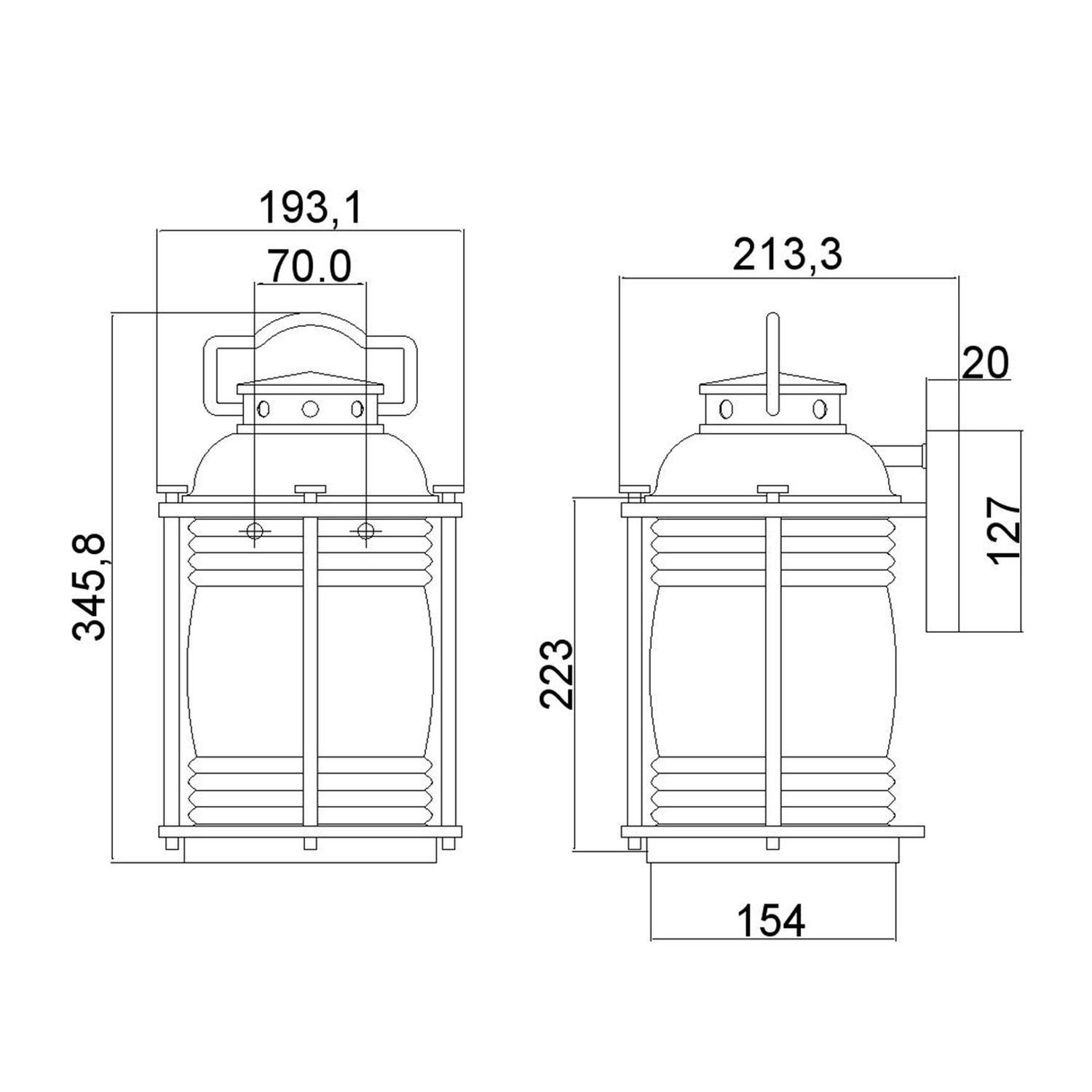 Wandleuchte außen Aluminium Glas 34,6 cm hoch IP44 E27 CAD-Diagramm, Diagramm