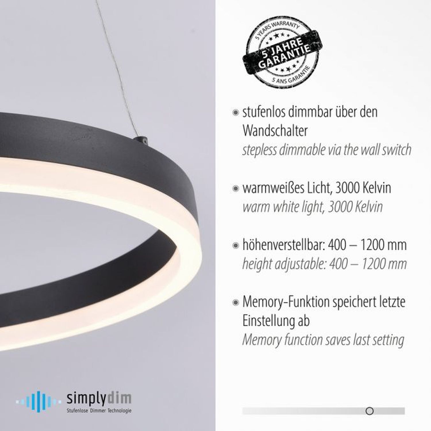 LED Pendelleuchte Anthrazit warmweiß 3000 K Ø40 cm Ring