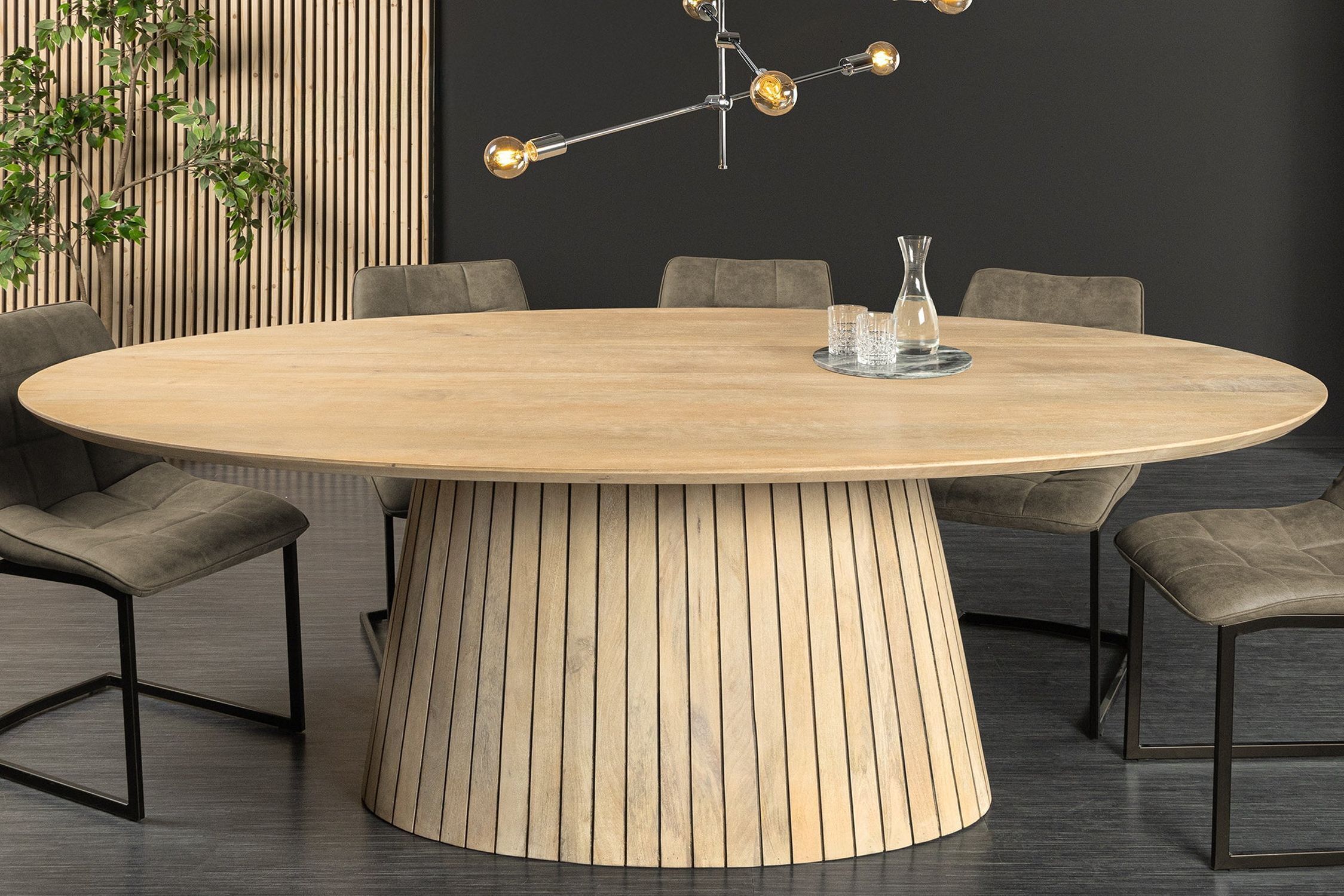 Table de salle à manger ovale en bois 220 cm de long Japandi pied colonne