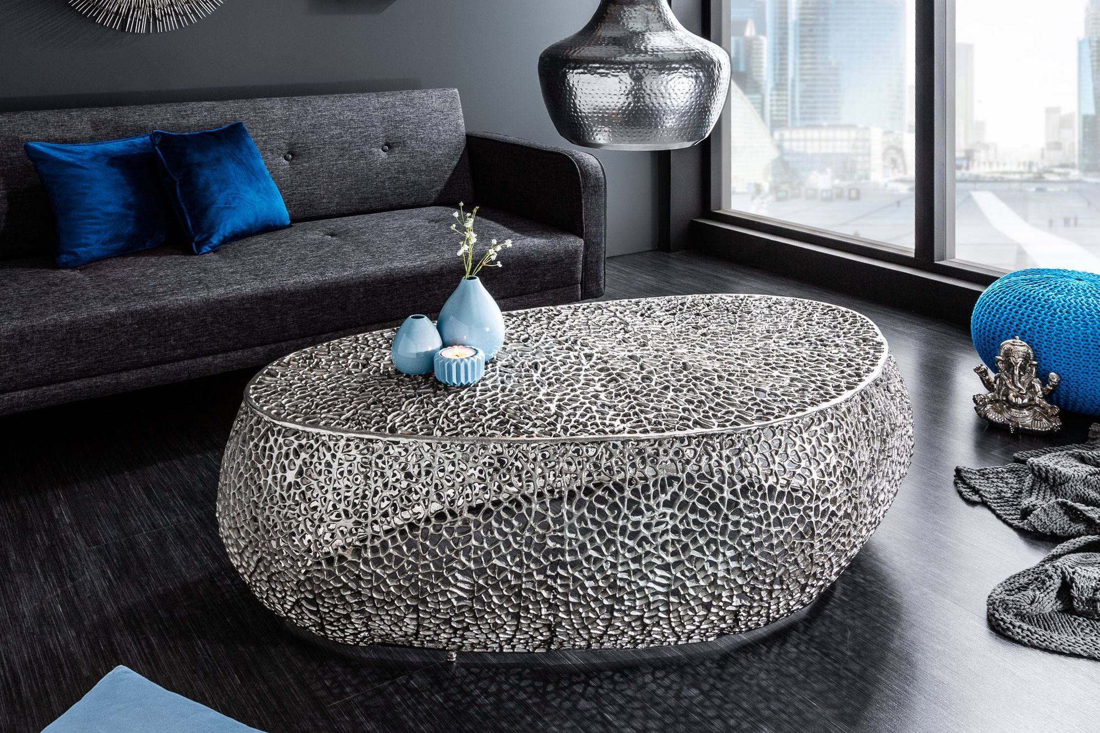 Couchtisch Metall in Silber 122 x 122 cm Handarbeit Moebel, Couch