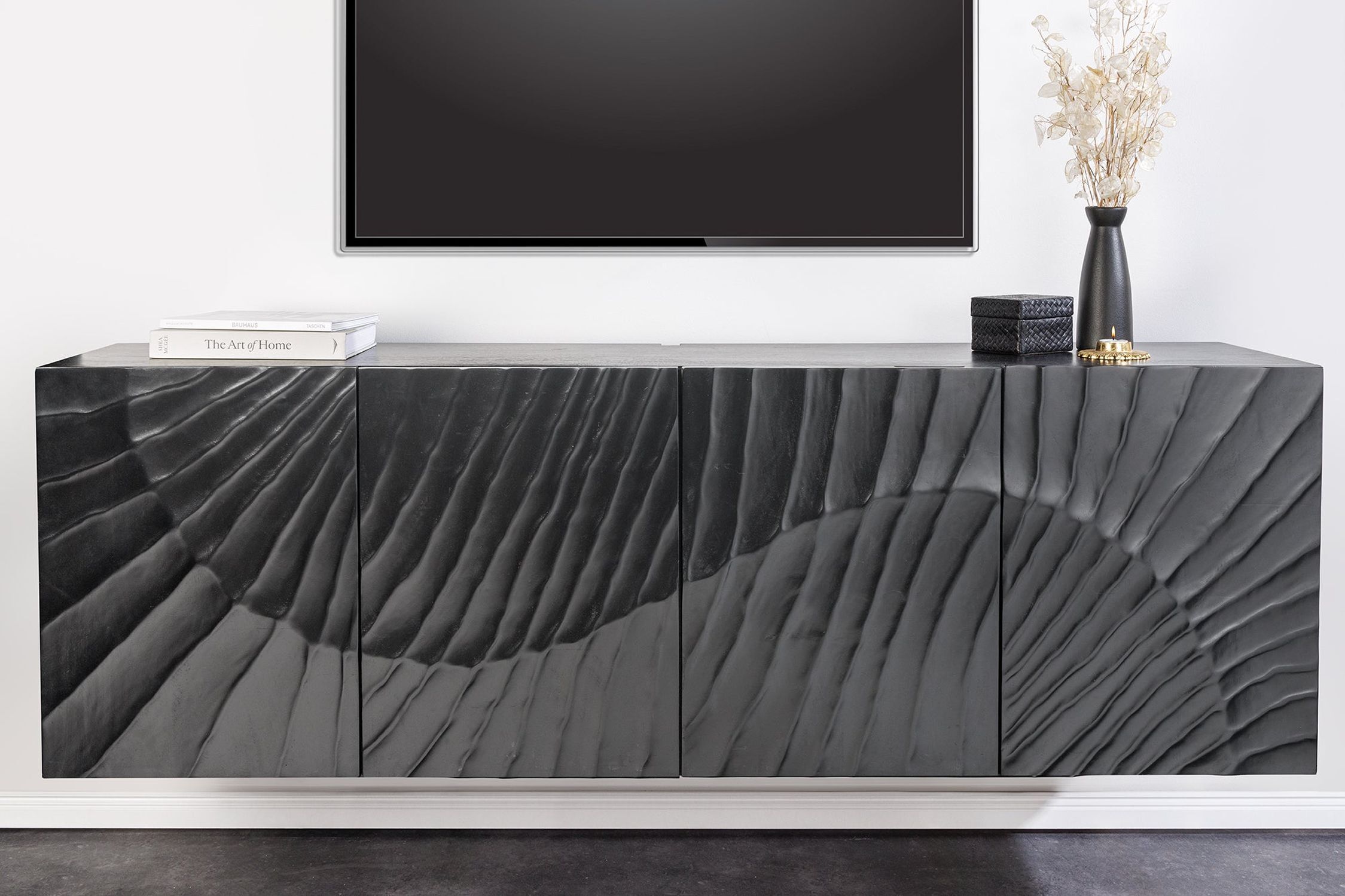 Buffet suspendu Noir Bois Largeur 177 cm Travail manuel Motif 3D
