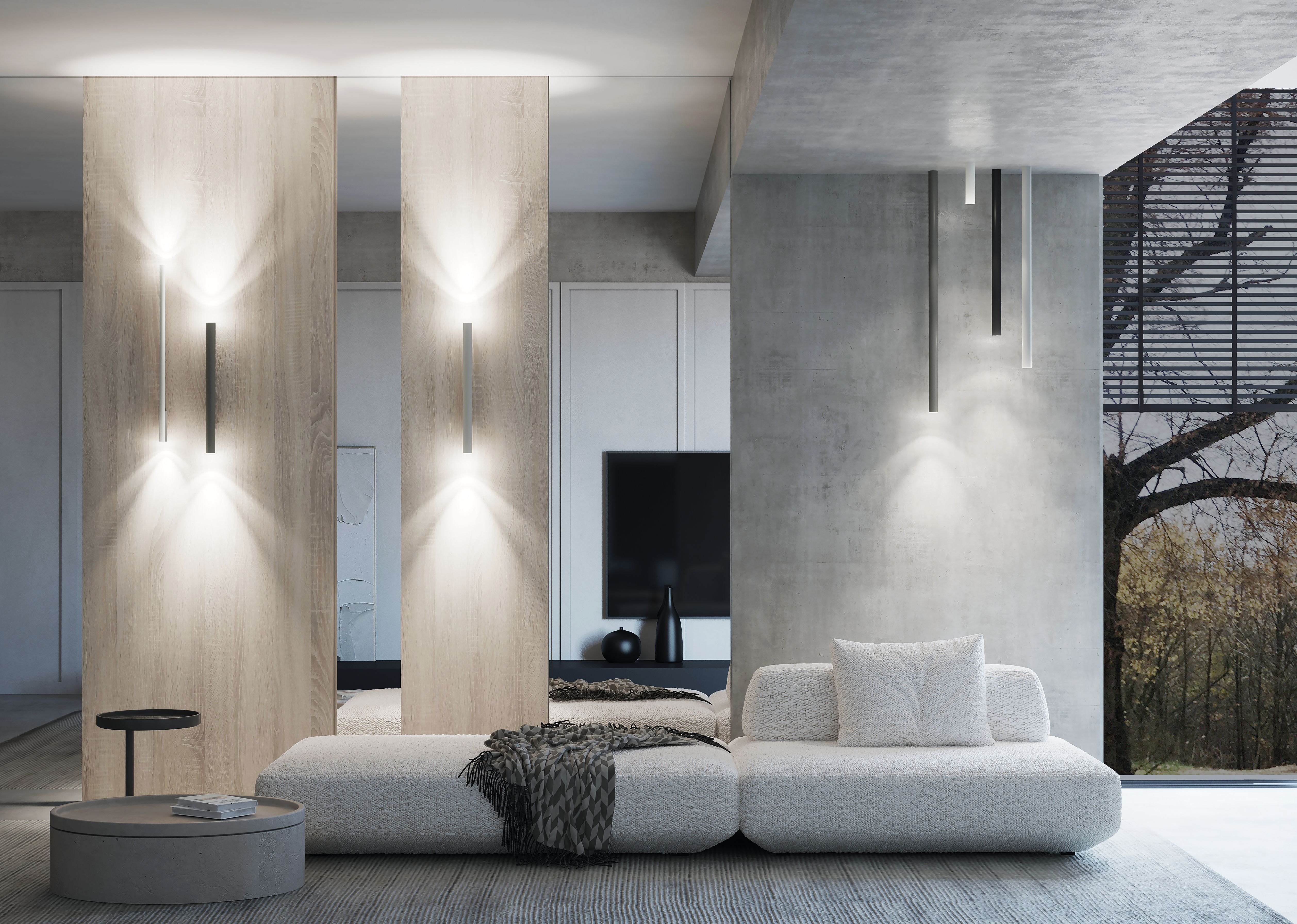 Wohnzimmer, Sofa, Modern, Lampe, Holzpaneel