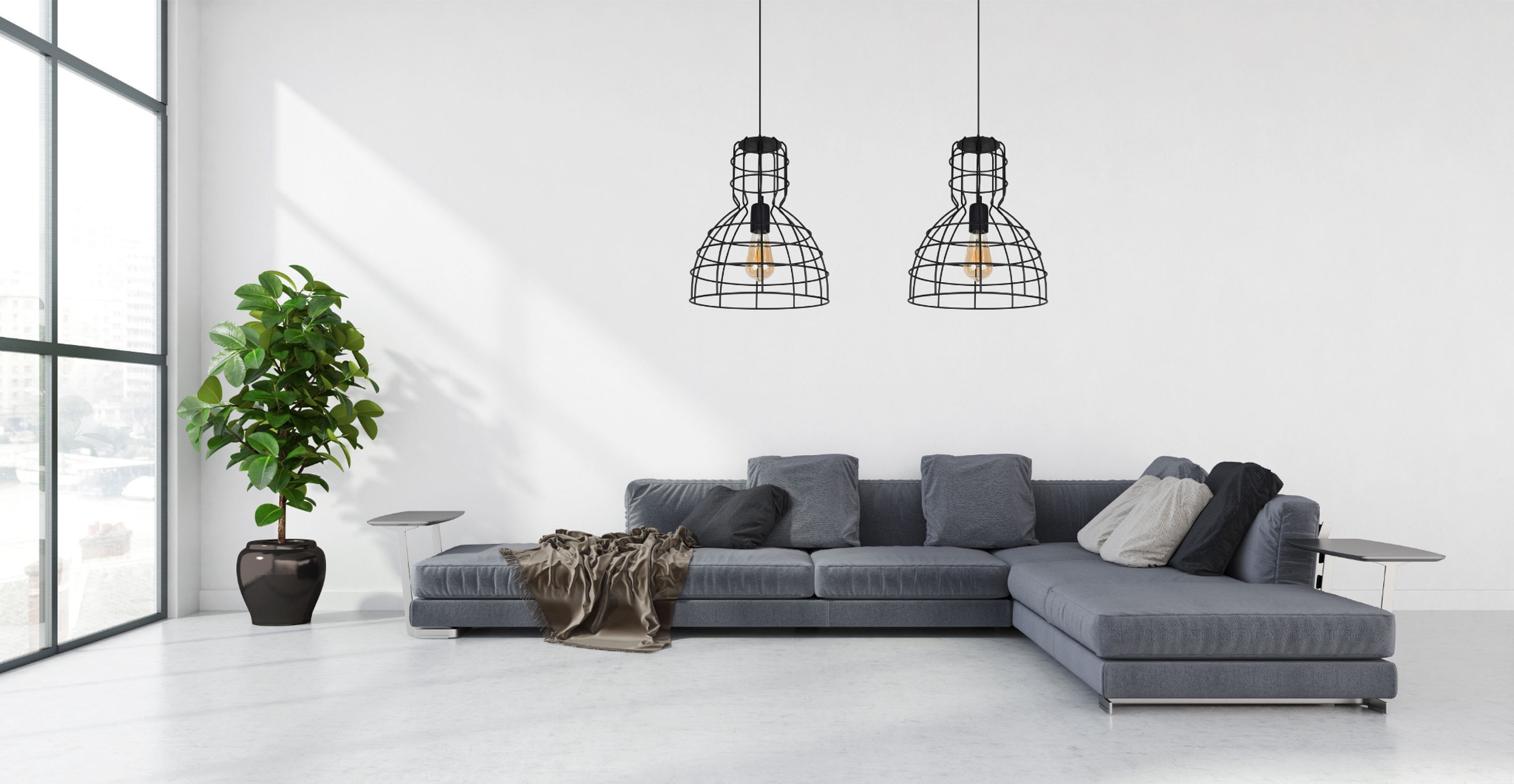 sofa, sektionalsofa, grau, wohnzimmer, pendelleuchten