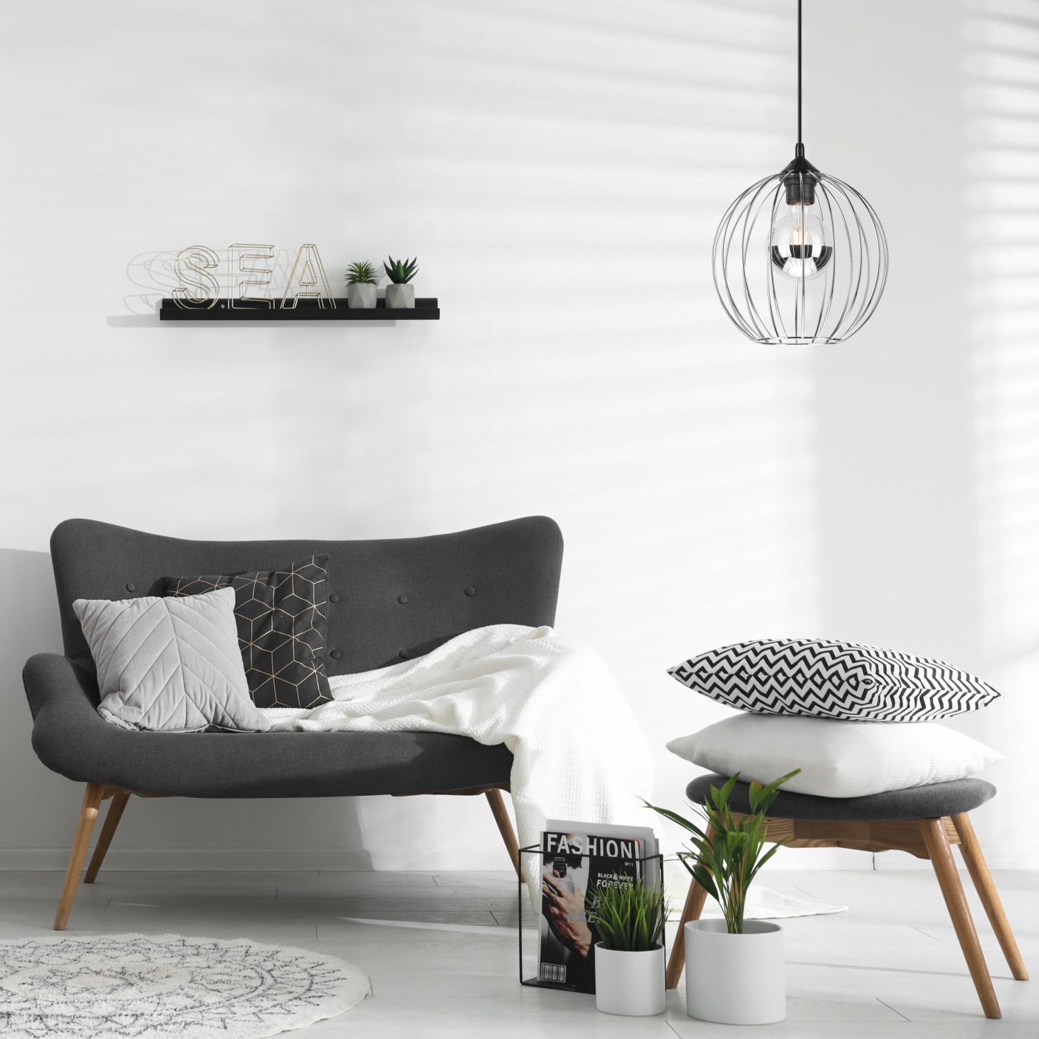 Lampe à suspendre ronde Ø 24 cm Métal Fil noir Chrome KARNA