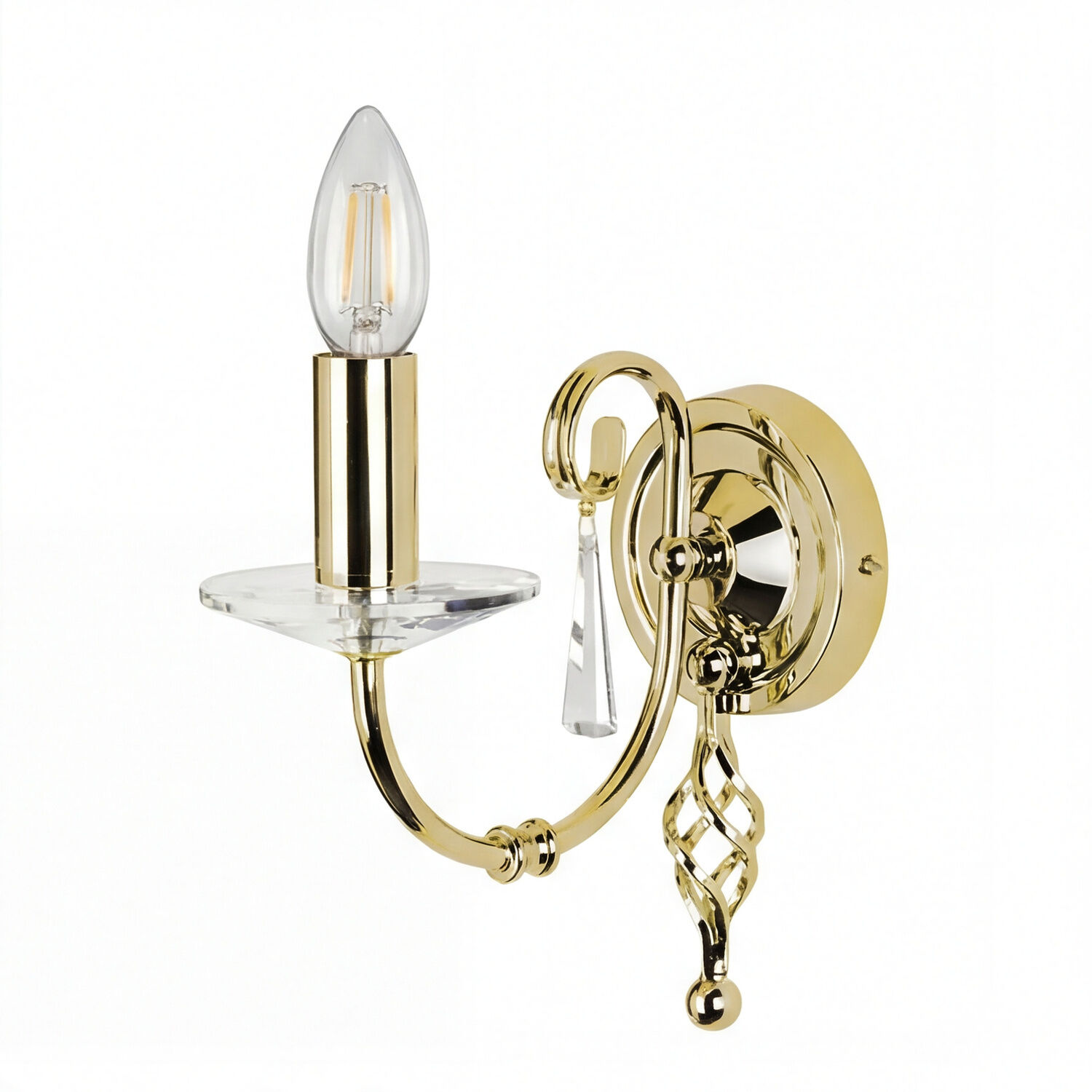 wandleuchte-wandlampe-candela-1-flammig-messing-poliert-klassisch-02 Wandlampe, Wandlampe Gold, Domusschmuck, Kristallanhänger, Glühbirne (E14)