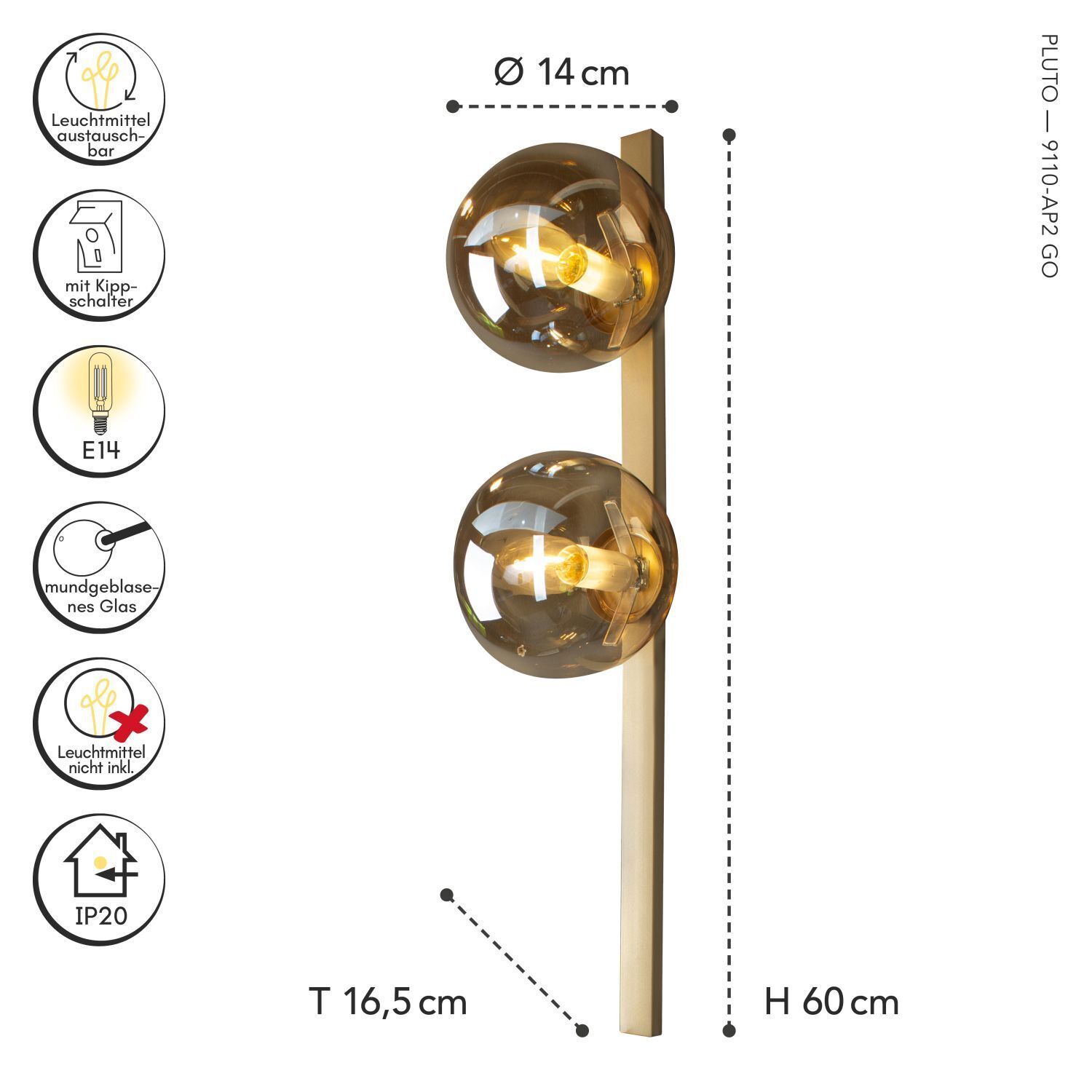 Lampe murale or ambre Boule de verre E14 H:60 cm 2-flmg