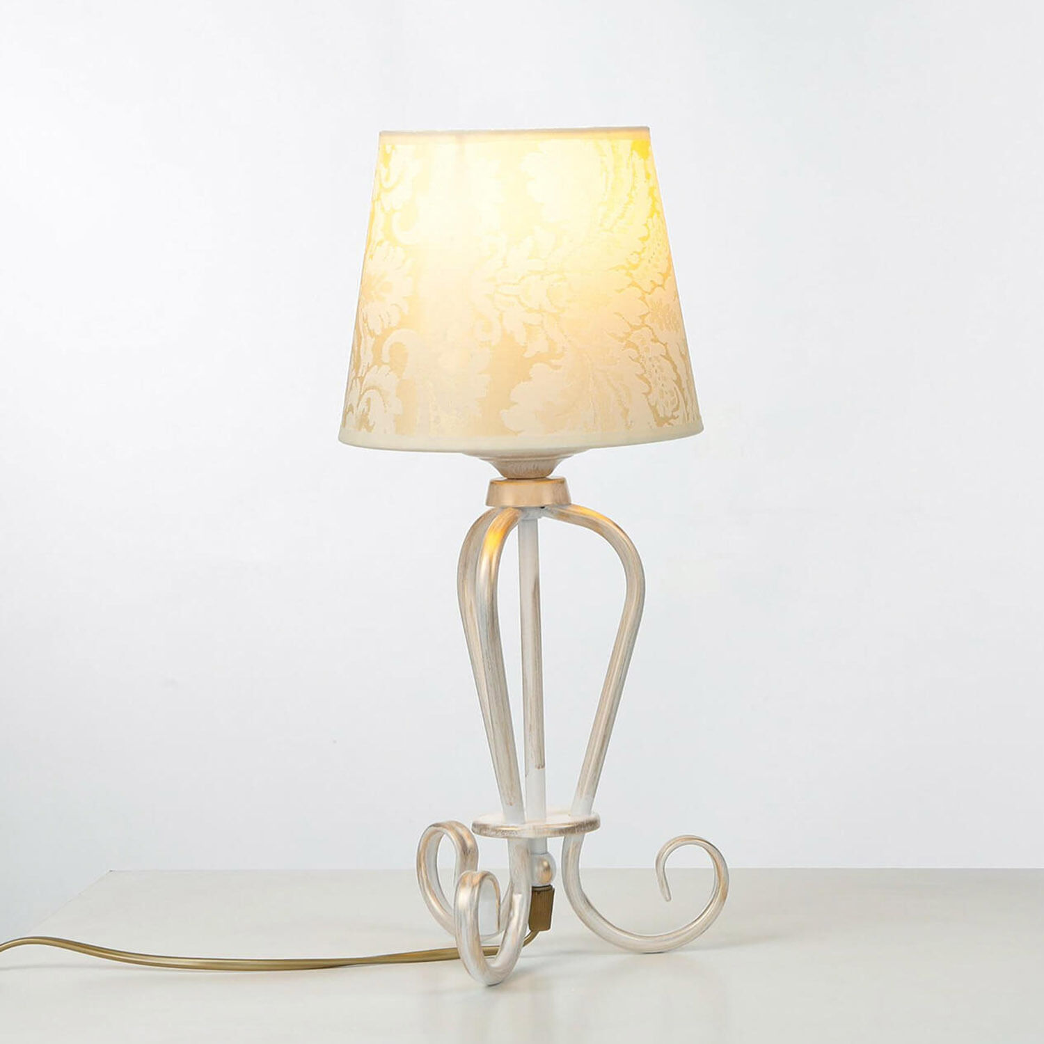 Nachttischlampe Shabby Gold Weiß Stoff Schirm 45cm