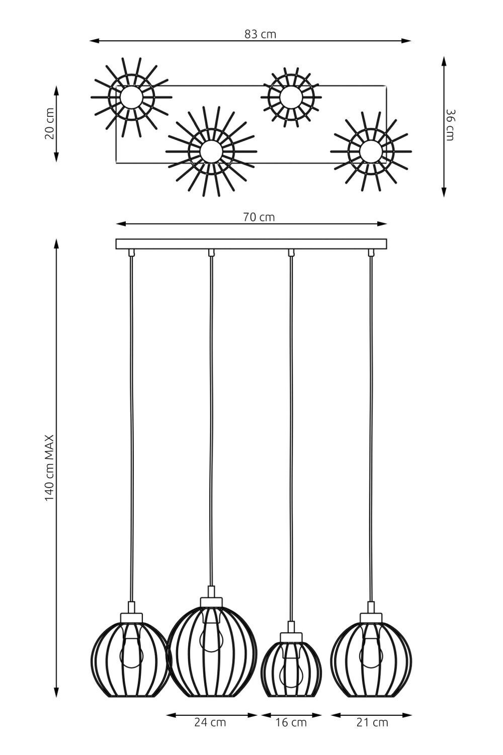 Lampe à suspension allongée Noir Or L:83 cm E27 élégant