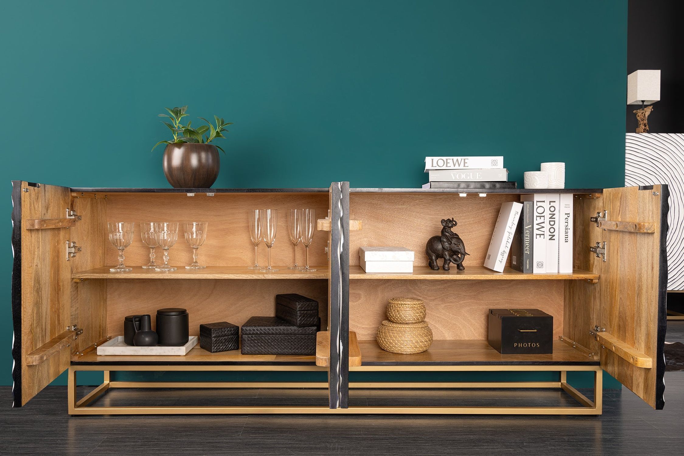 Sideboard noir blanc or largeur 177 cm fait main