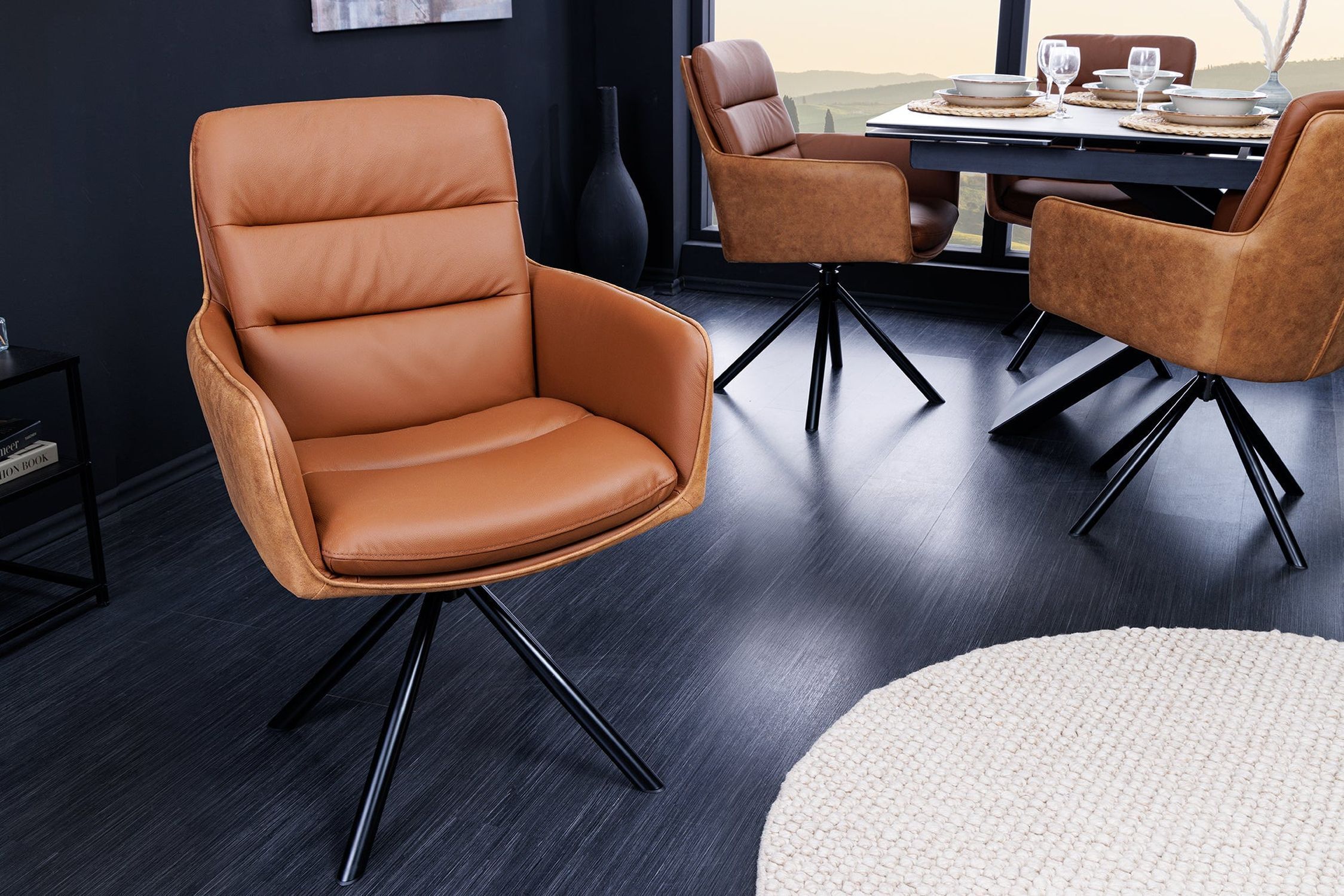 Drehstuhl Leder Stoff Metall ohne Rollen in Braun Schwarz Moebel, Stuhl, Drinnen, Sessel