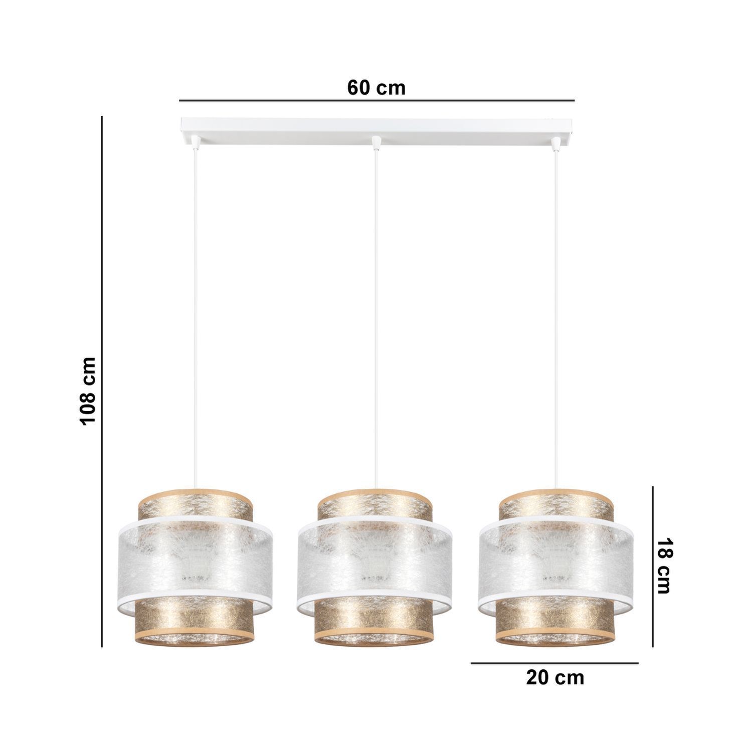 Suspension allongée tissu métal E27 3-flmg 75 cm
