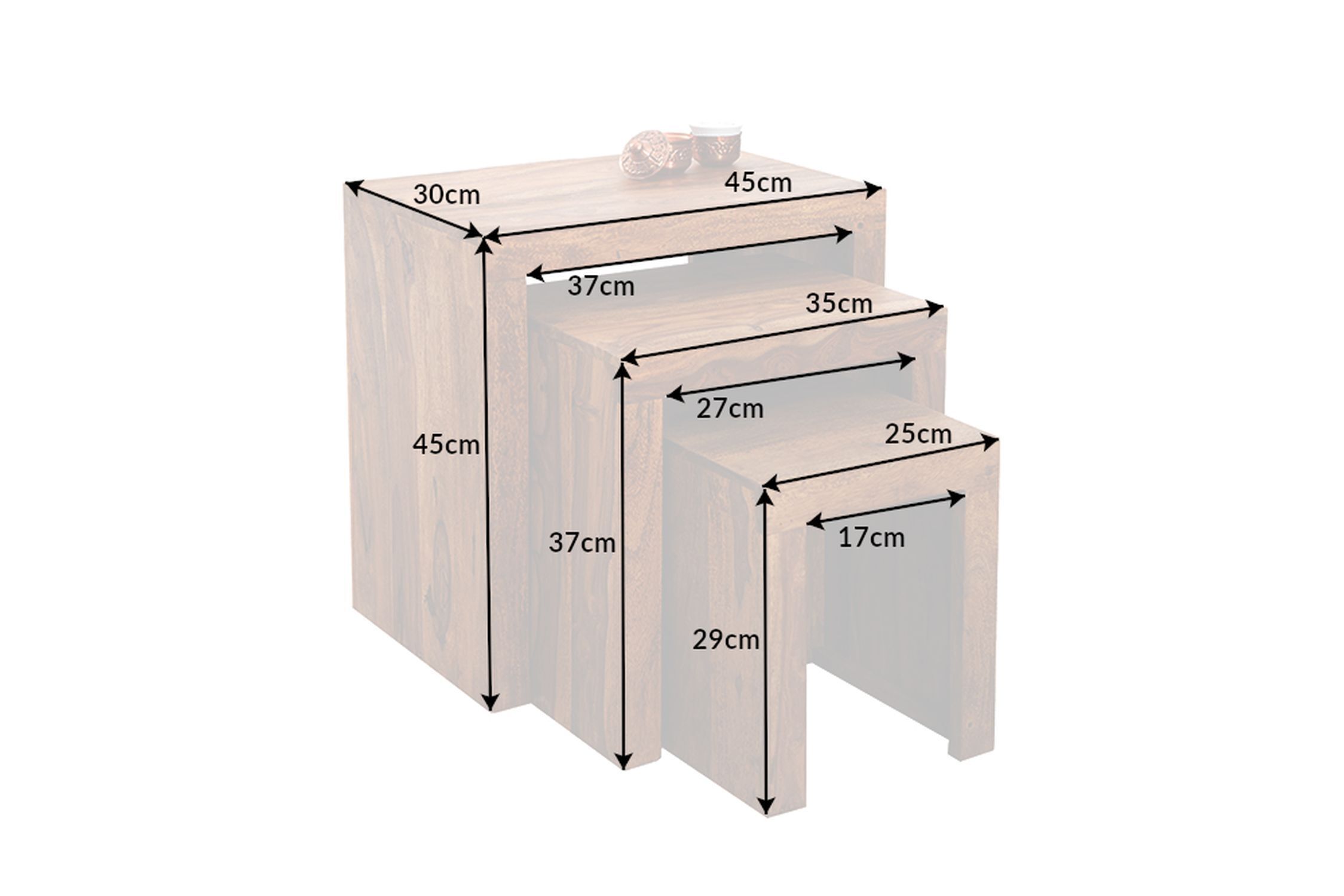 Set de 3 tables d'appoint en bois de sheesham naturel rectangulaire Schublade, Mobiliar, Kabinett, Tabelle, Waschbeckenhahn