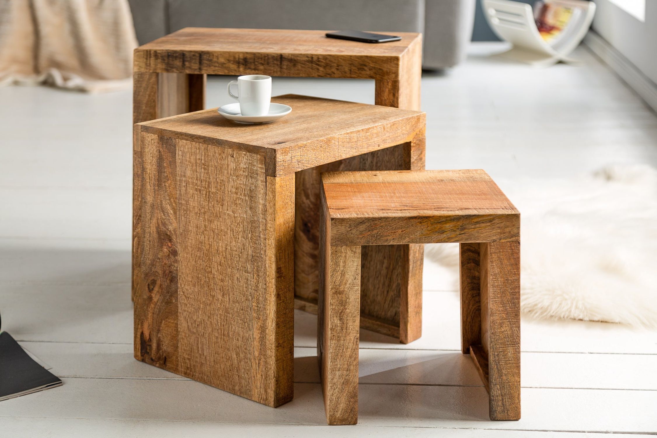 Beistelltisch Mango Holz in Natur Massivholz 3er Set Beistelltisch Mango Holz in Natur Massivholz 3er Set