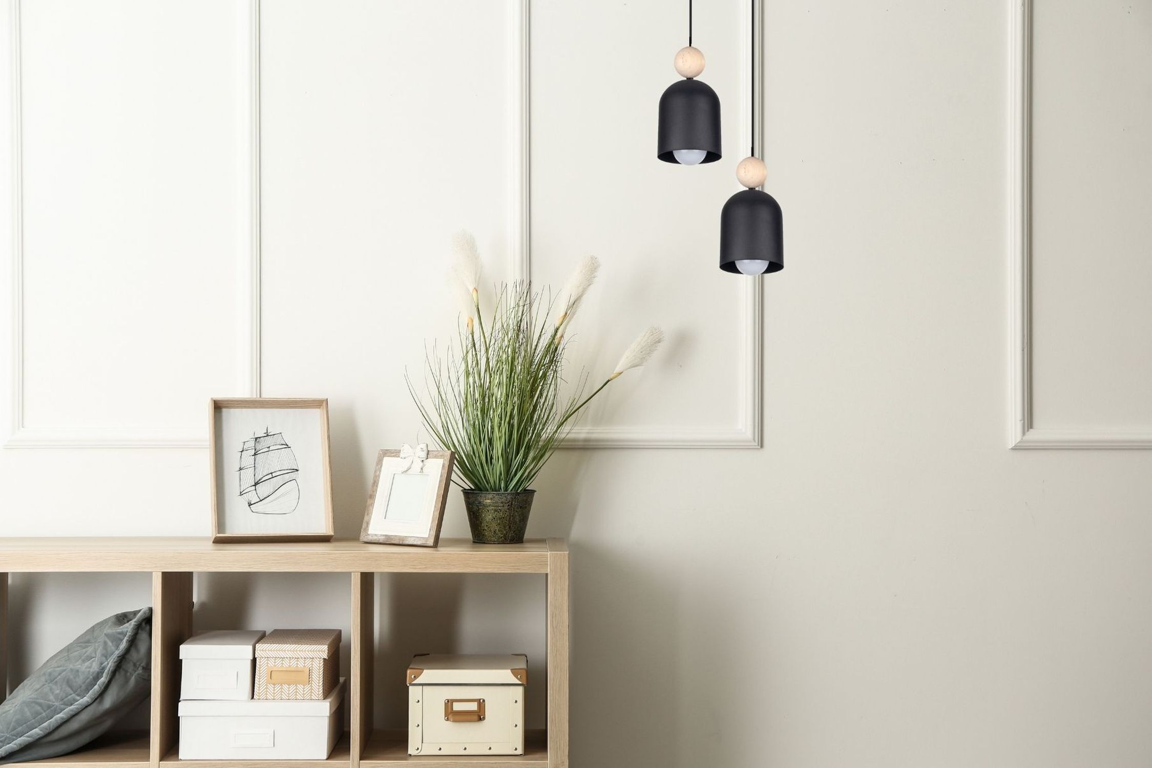 Runde Hängelampe Schwarz Metall Holz 2-flmg E27 Ø21 cm Drinnen, Innenarchitektur, Lampe