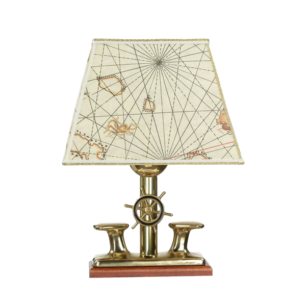 Tischlampe, Brass, Schiffsrad, Segelkarte Muster, Holzsockel