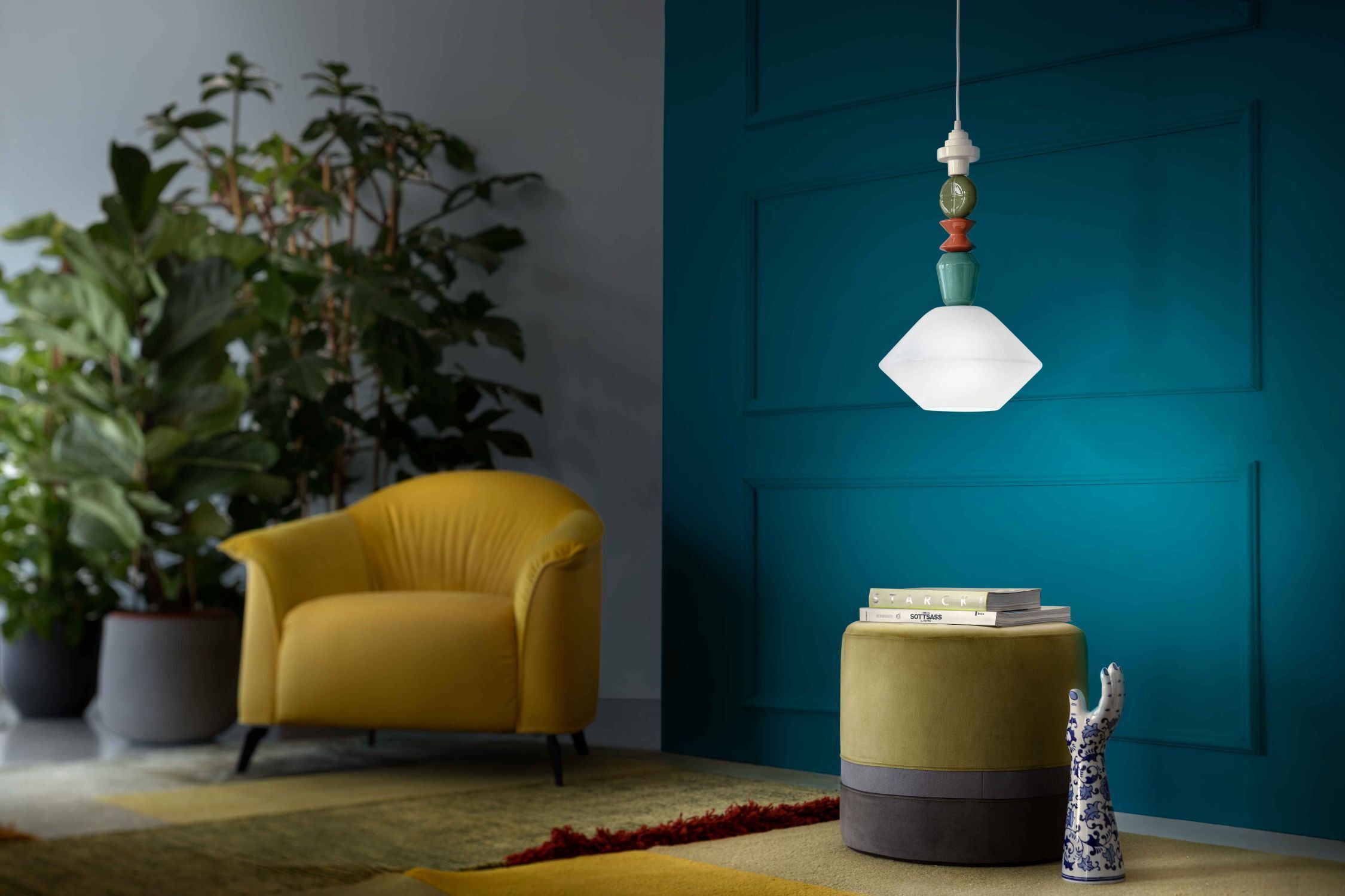 Lampe à suspendre céramique verre écru multicolore E27 design rétro