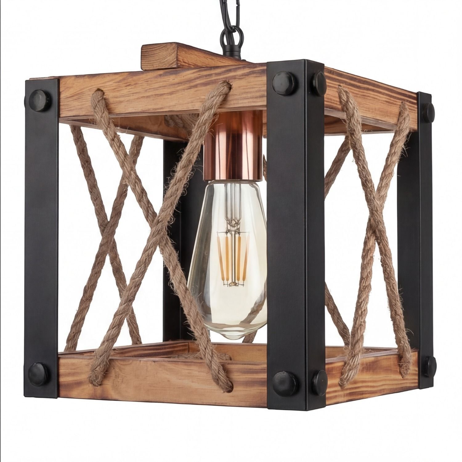 Hängeleuchte Metall Holz E27 20 cm breit H: max. 85 cm Deckenleuchte, Lampe, Hängelampe, Holz, Kabel