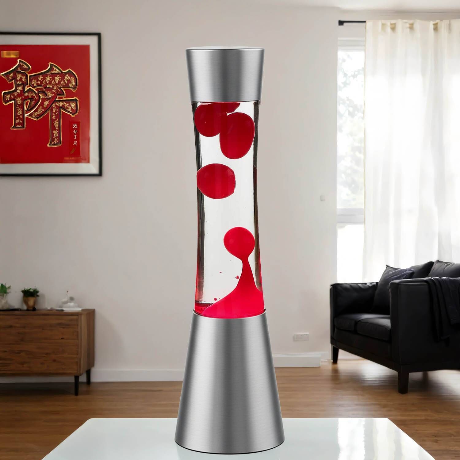 lavalampe-ringo-lava-lamp-rot-klar-gestell-silber-1 Lava-Lampe, Vase, Rot, Transparente Flüssigkeit, Dekoration