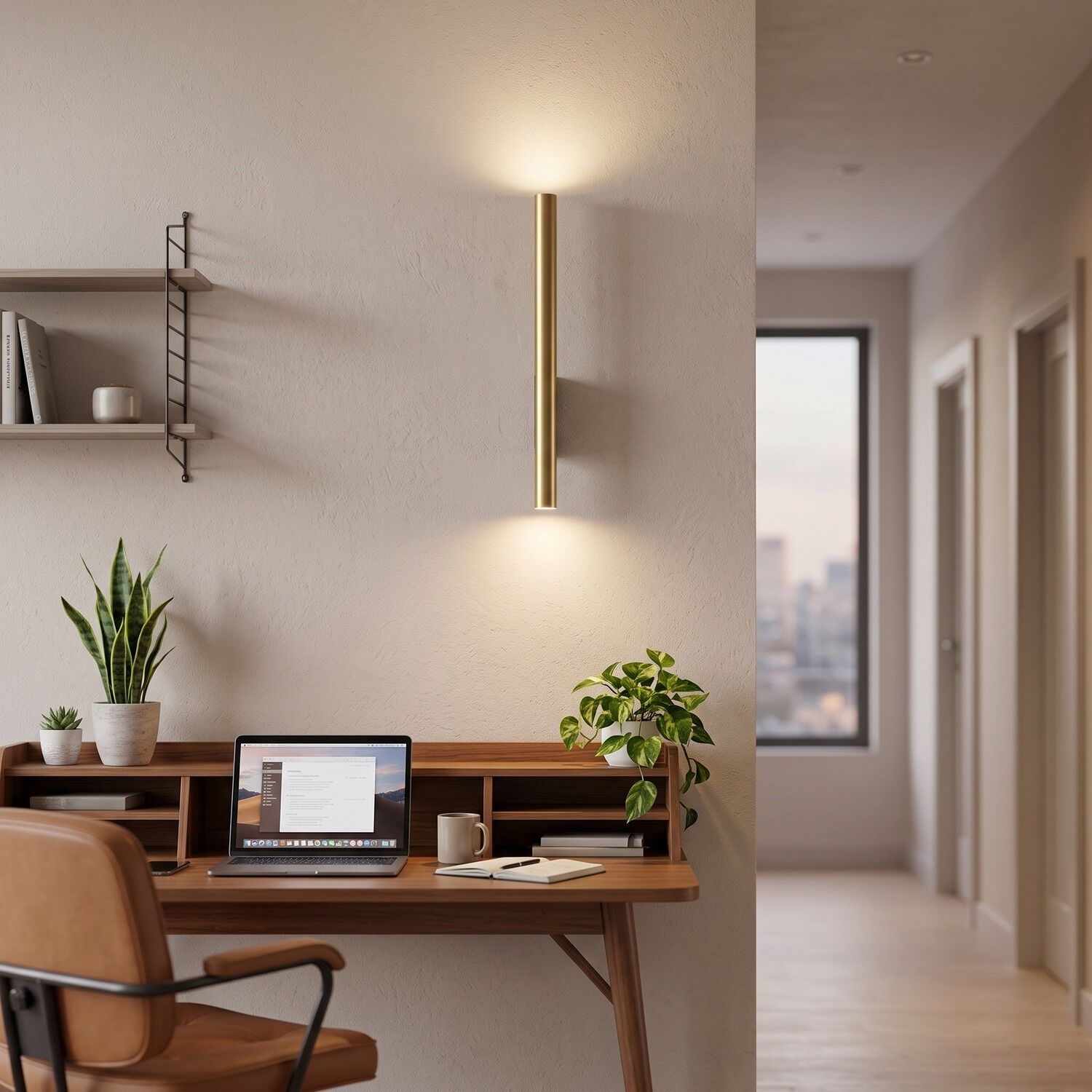 le93527-wandlampe-schlafzimmer-flur-wohnzimmer-innen-messing-metall-modern-2-flammig-gu10-ip20-gold-05 home office, Schreibtisch, Laptop, Pflanzen, Wandleuchte
